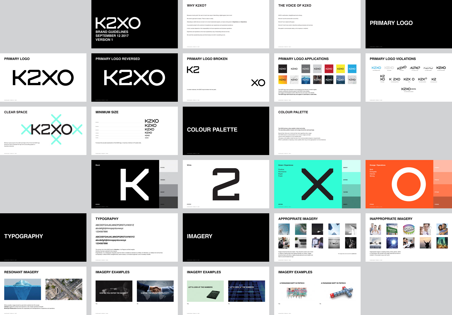 Image showing various pages of the K2XO brand guidelines document