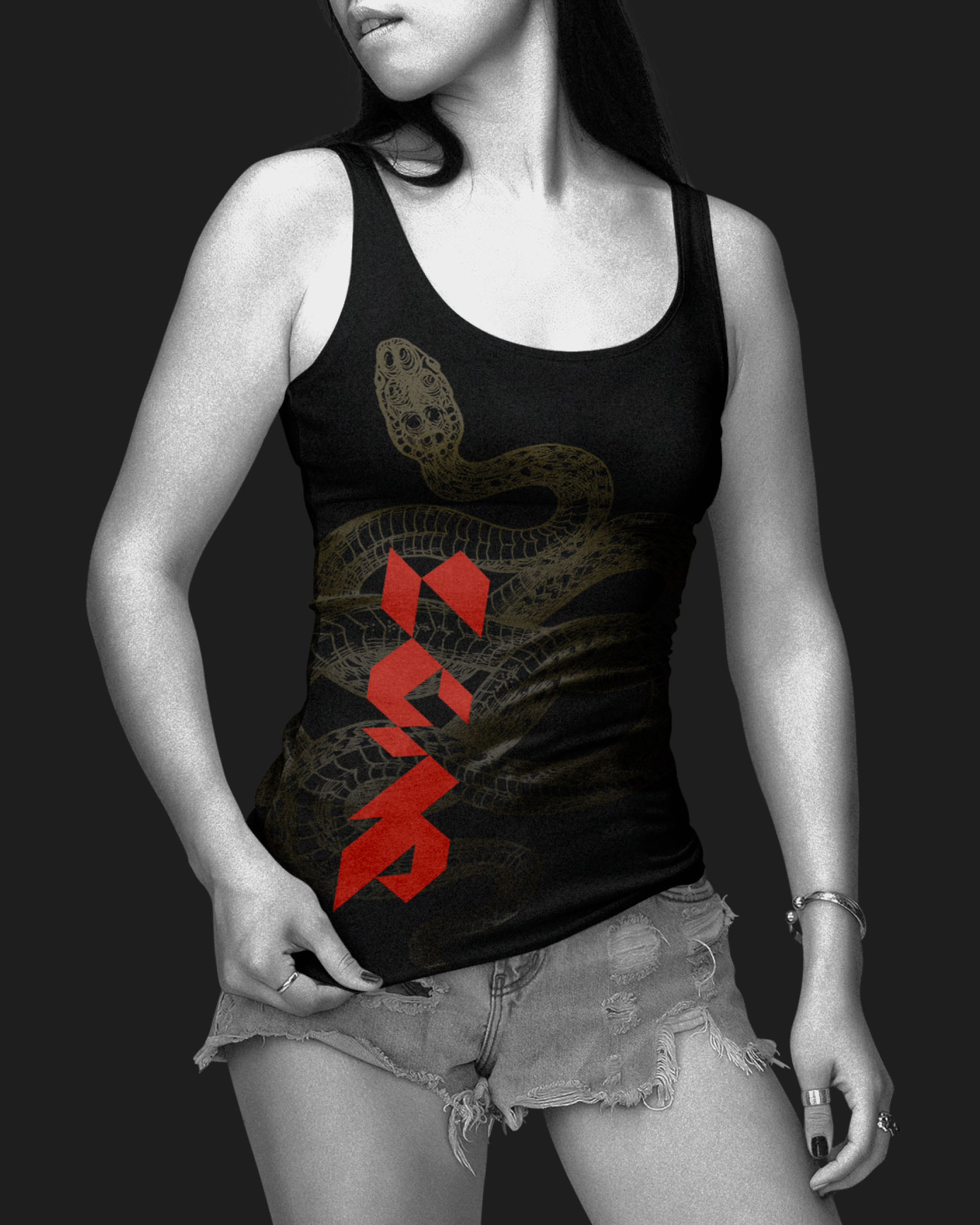Black DVAS tank top featuring a snake illustration and vertical red logo.