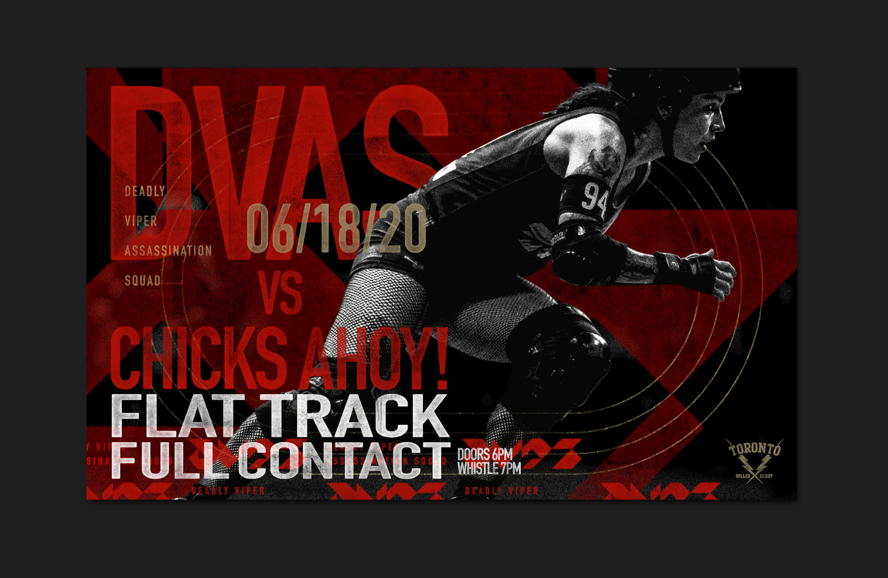 DVAS roller derby event poster combining action photography, oversized typography, track graphics and the red-and-black identity system.