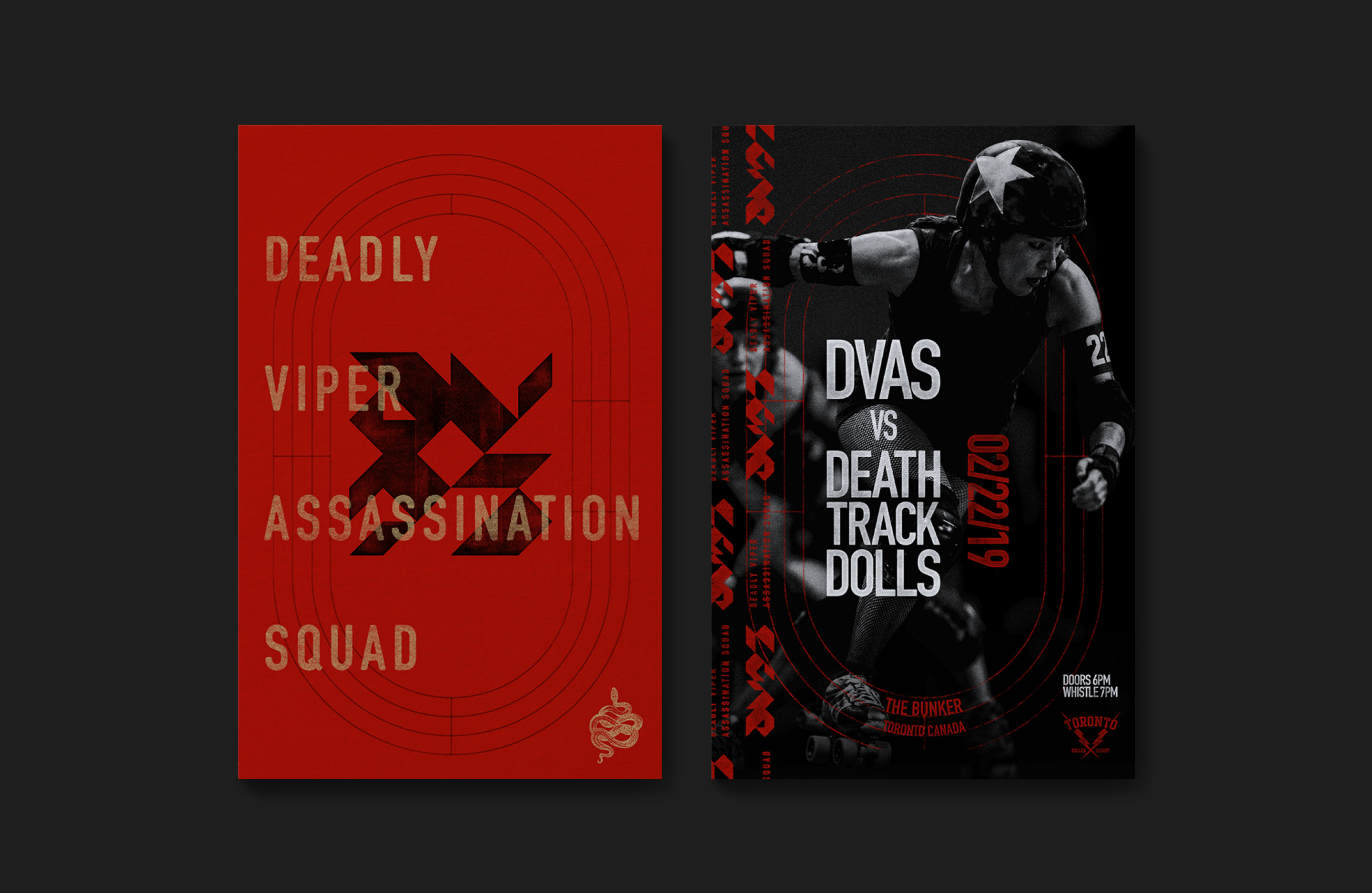 DVAS roller derby poster series combining track graphics, distressed typography and black-and-white action photography.