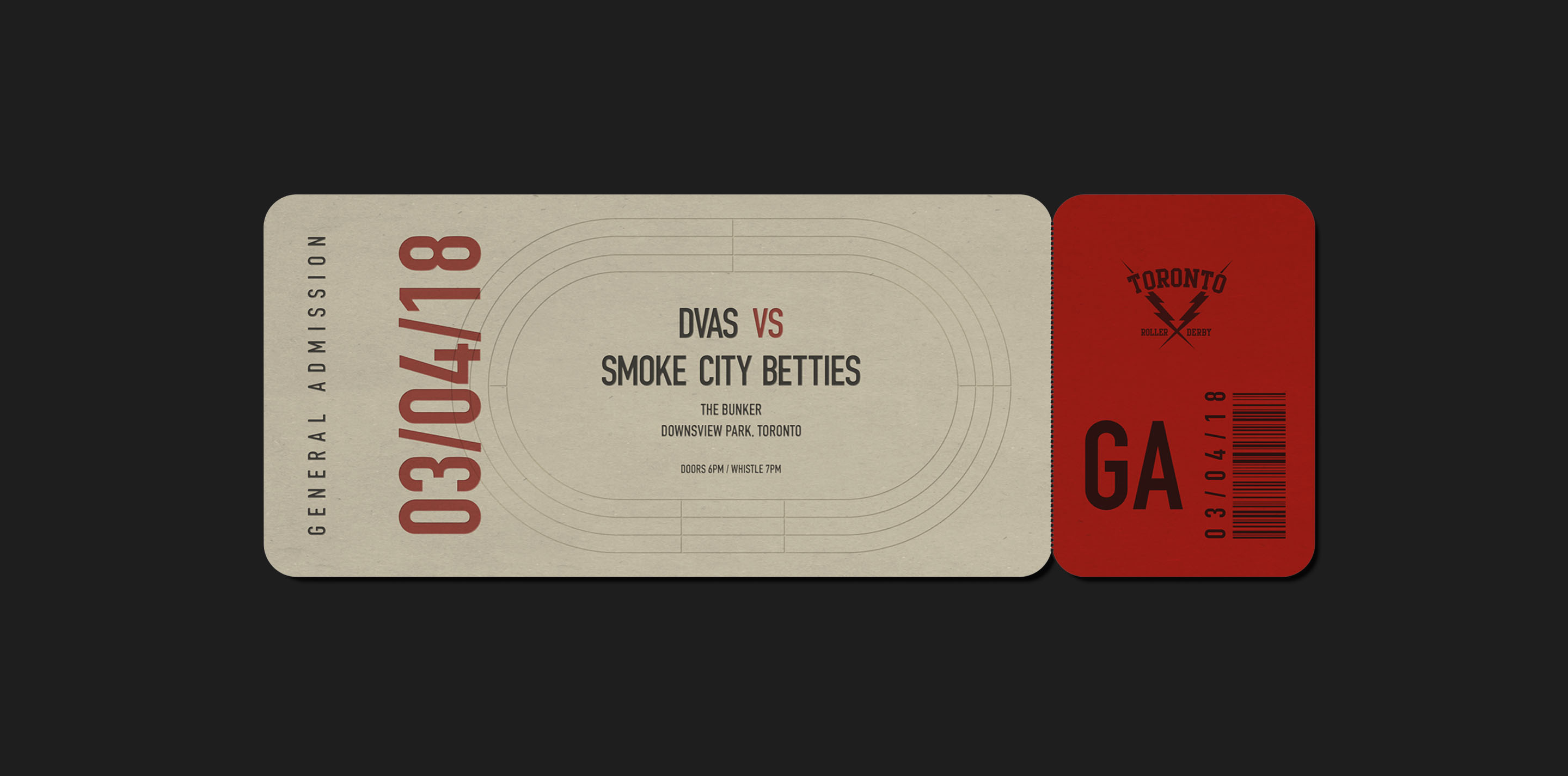 DVAS roller derby admission ticket featuring a debossed track graphic and red general admission stub.
