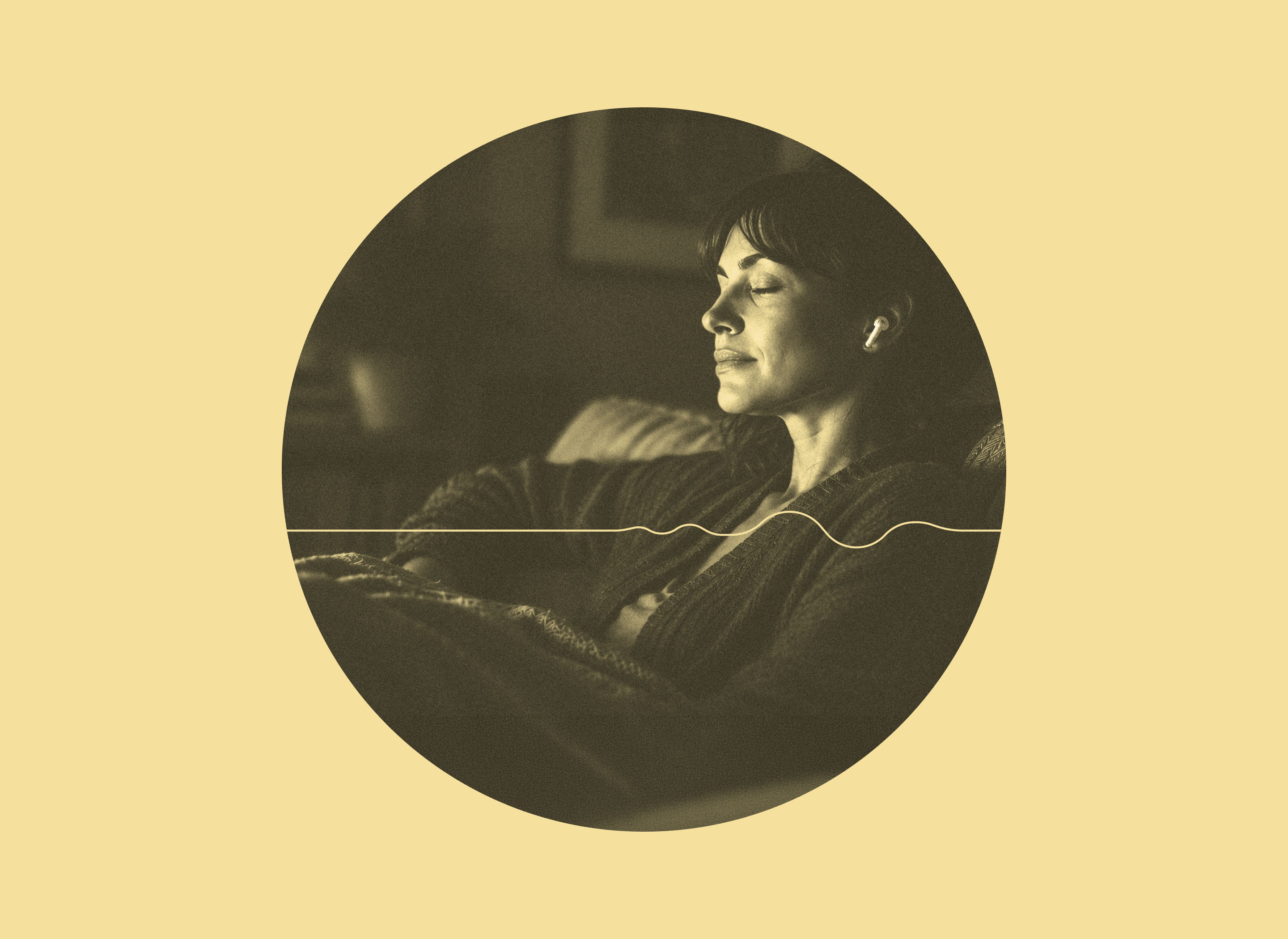 Woman listening with earbuds, framed by a circular crop and audio waveform from the Descriptive Video Works identity.