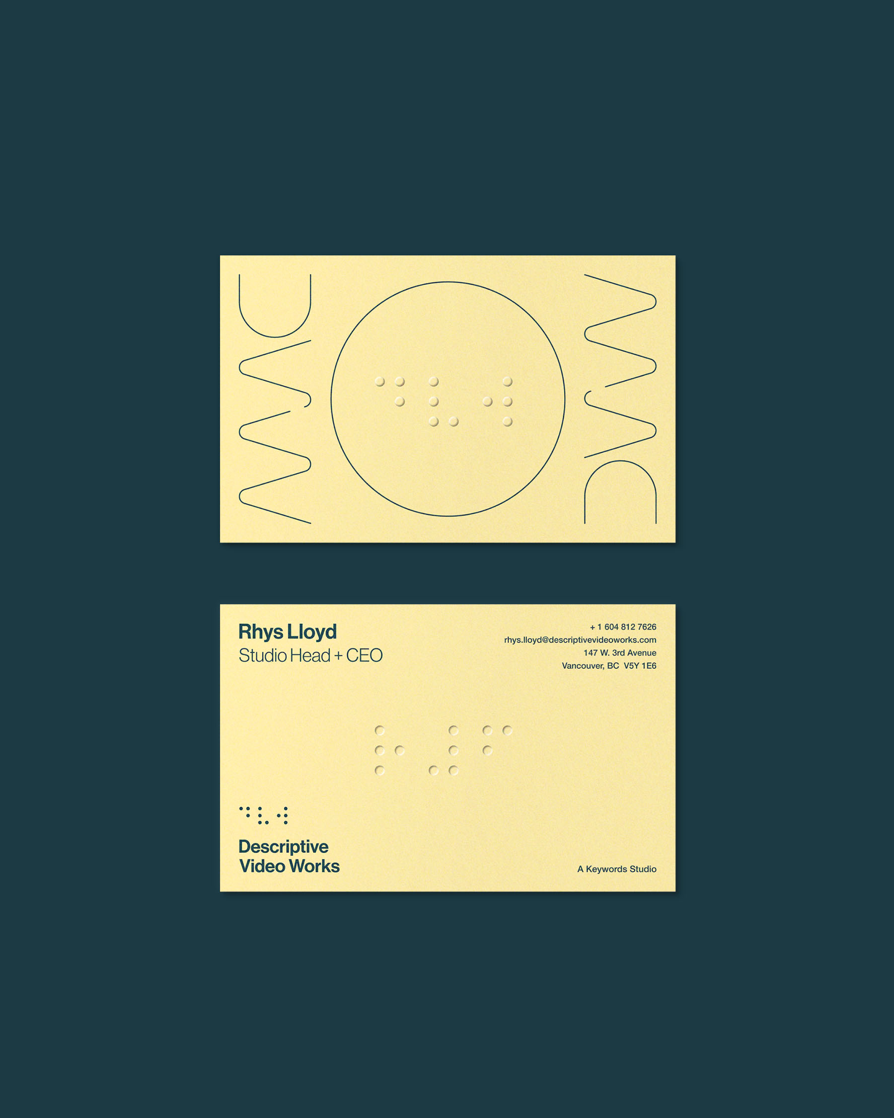 Descriptive Video Works business cards featuring tactile braille details and waveform-inspired graphics.