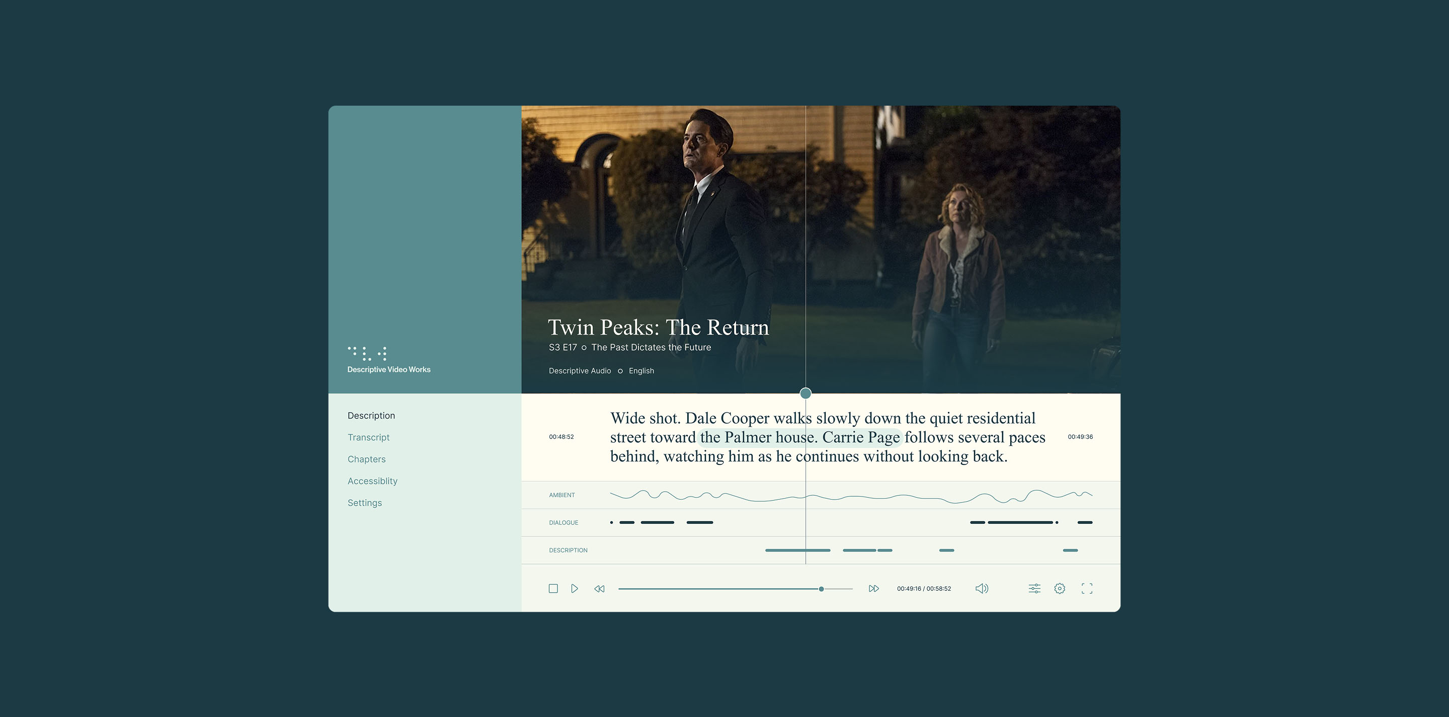 Descriptive Video Works audio description interface for Twin Peaks: The Return, showing descriptive text, dialogue and audio timelines.