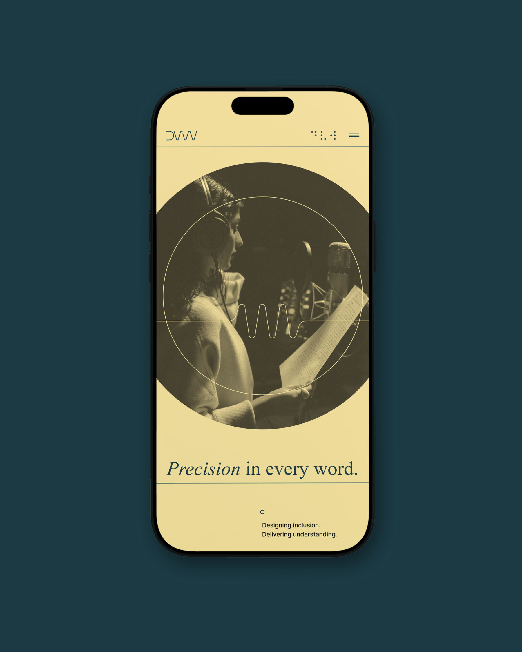 Descriptive Video Works mobile website featuring an audio describer recording narration and the message “Precision in every word.”