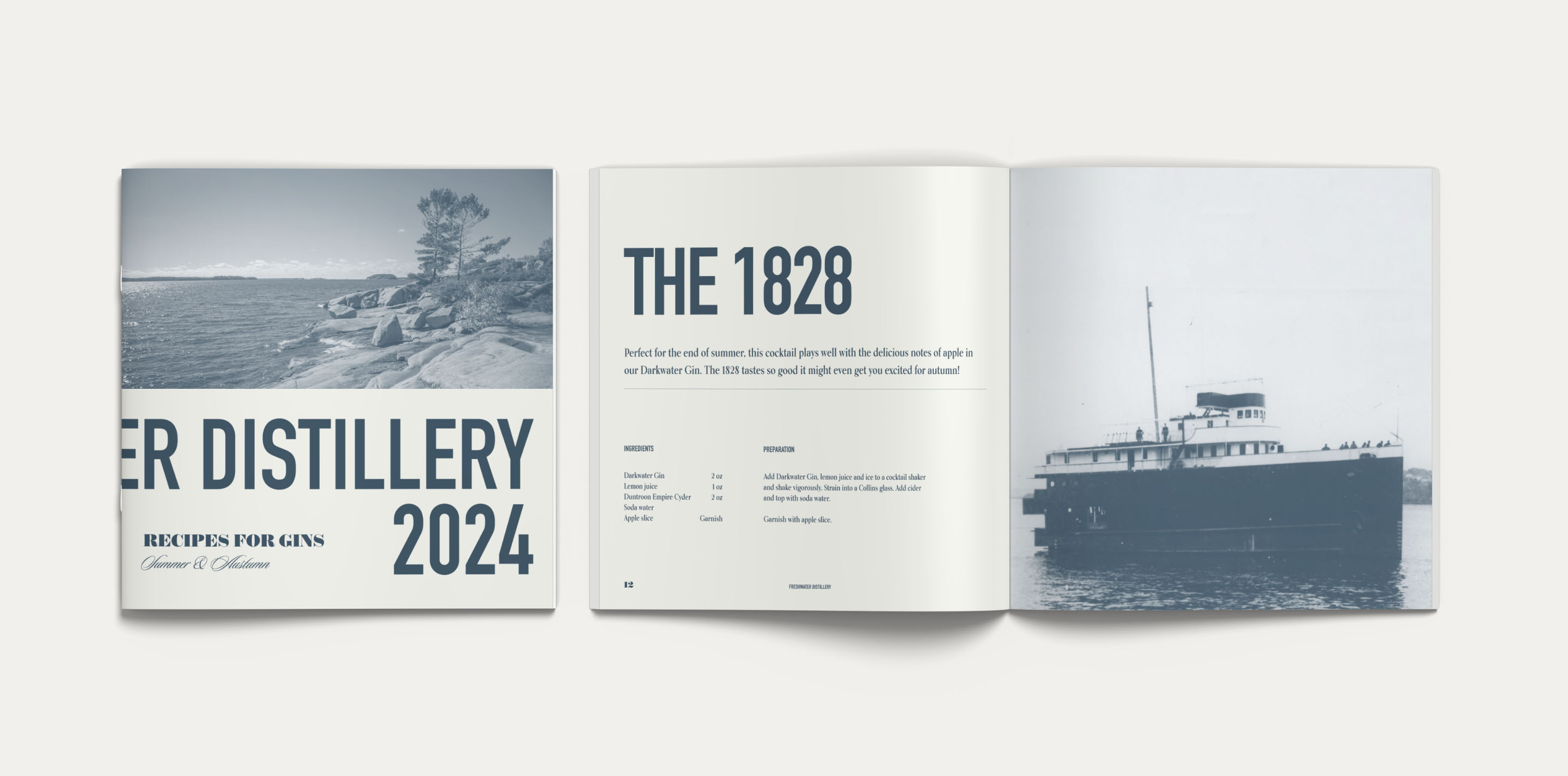 Open Freshwater Distillery brand publication featuring editorial typography and Georgian Bay photography.