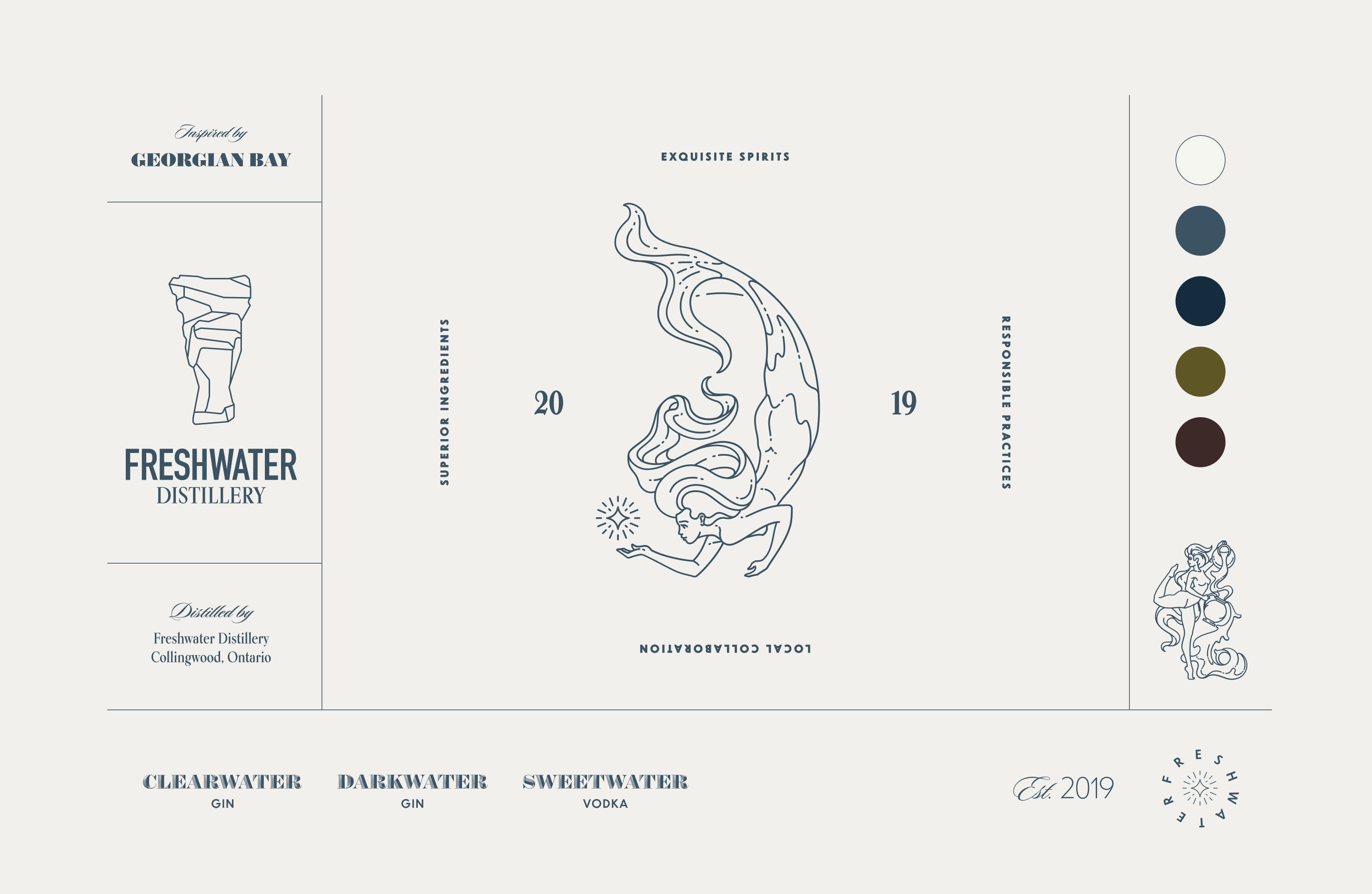 Freshwater Distillery identity system showing logo, mermaid illustration, typography, colour palette and packaging graphics.