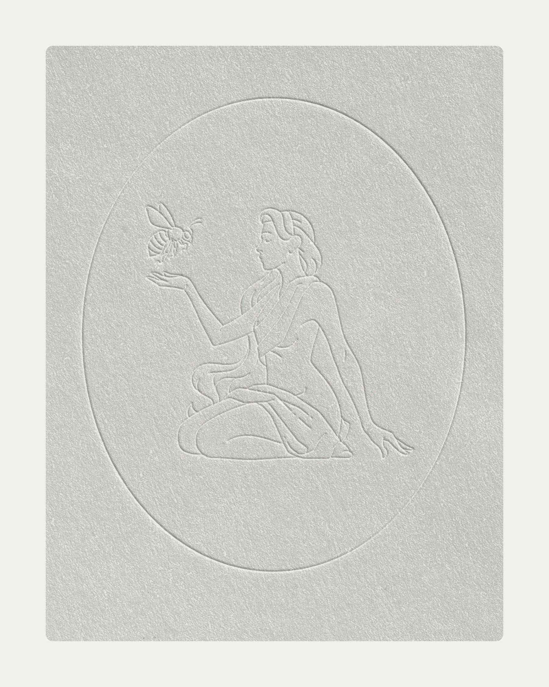 Embossed Freshwater Distillery mermaid illustration on textured off-white paper.