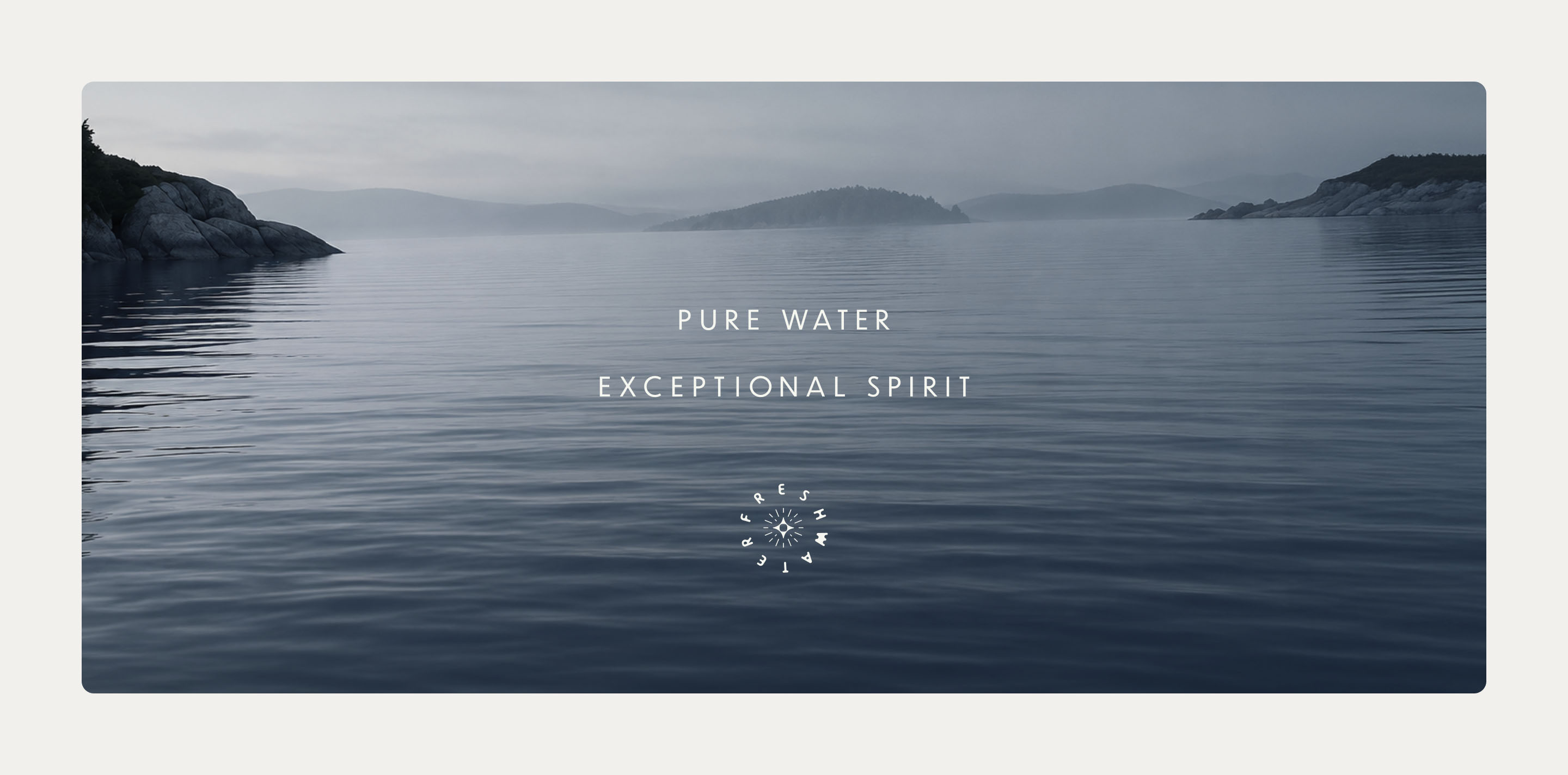 Freshwater Distillery monogram design featuring Georgian Bay photography and the message “Pure Water. Exceptional Spirit.”
