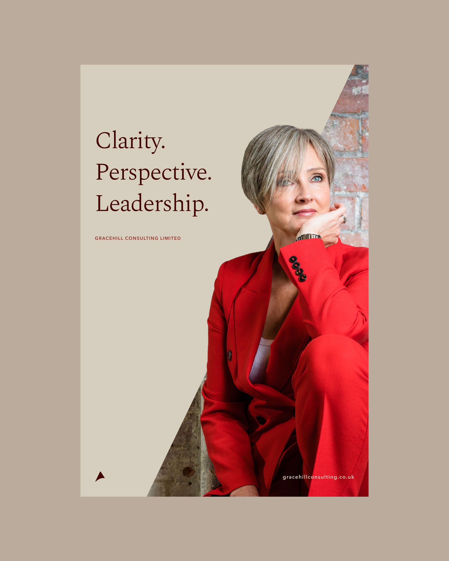 Gracehill Consulting poster featuring a portrait and the message “Clarity. Perspective. Leadership.”