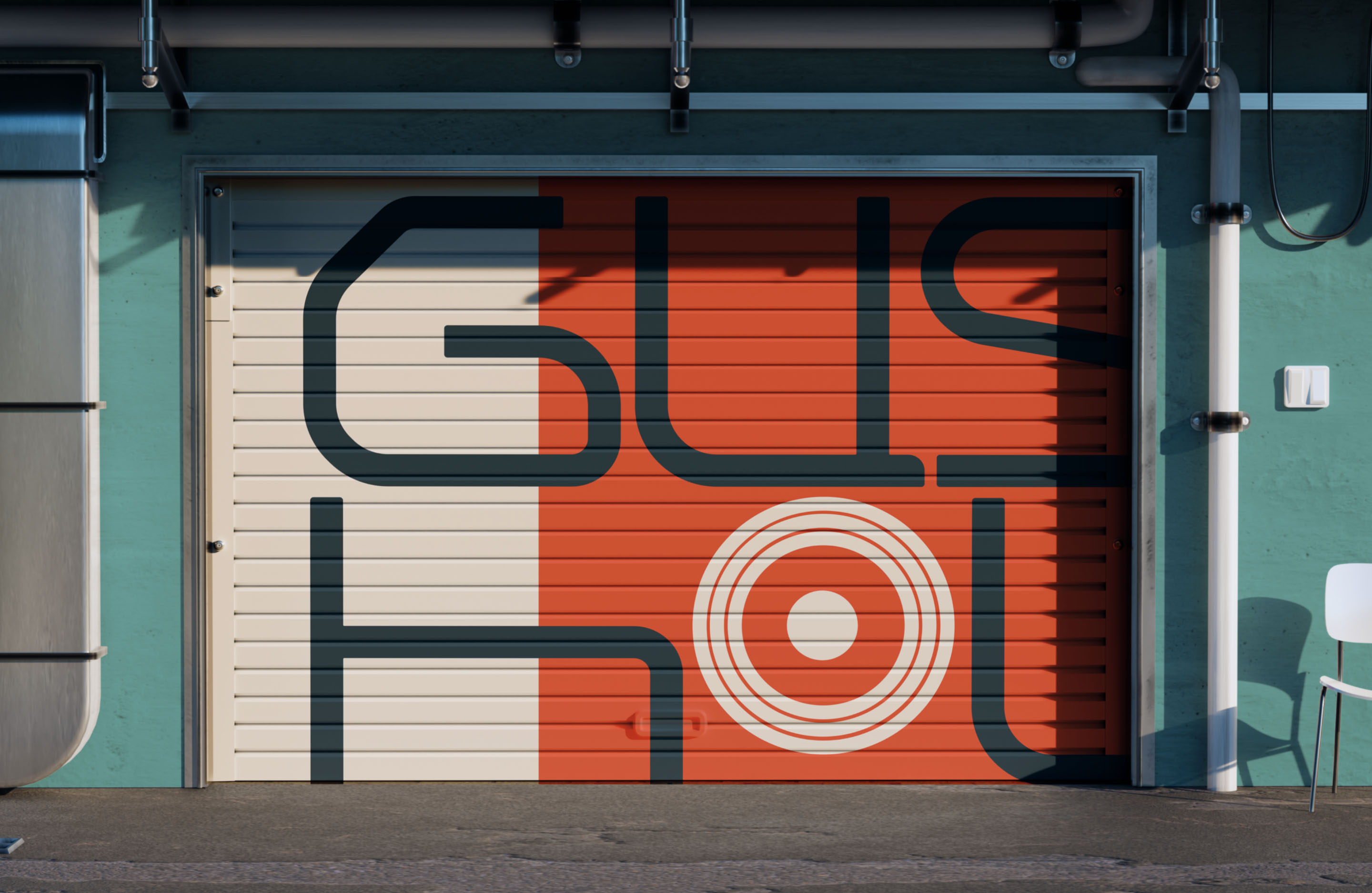 Gushou environmental graphics applied to large doors using oversized typography and circular brand elements.