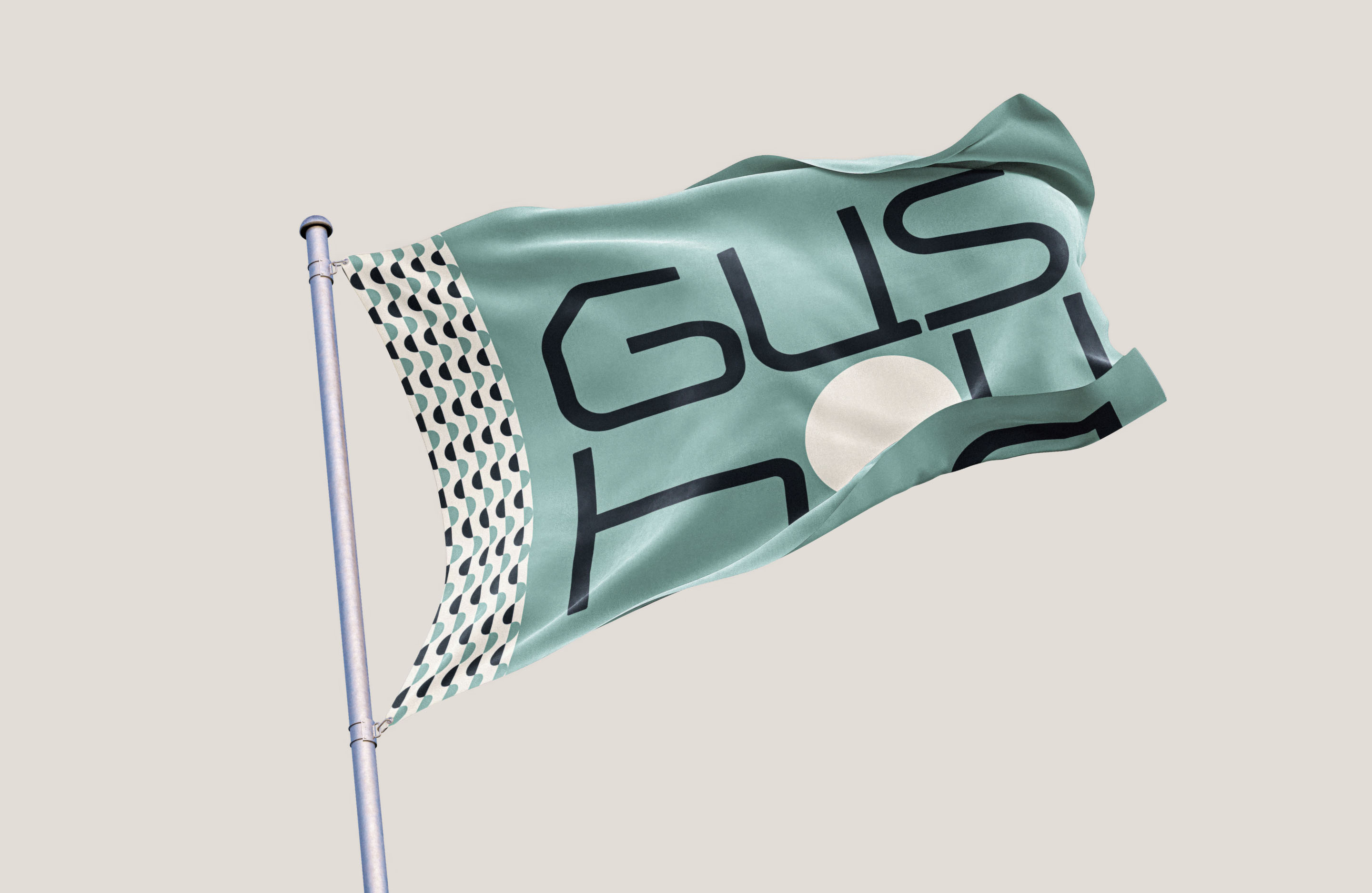 Gushou branded flag featuring the geometric wordmark and repeating wave pattern.
