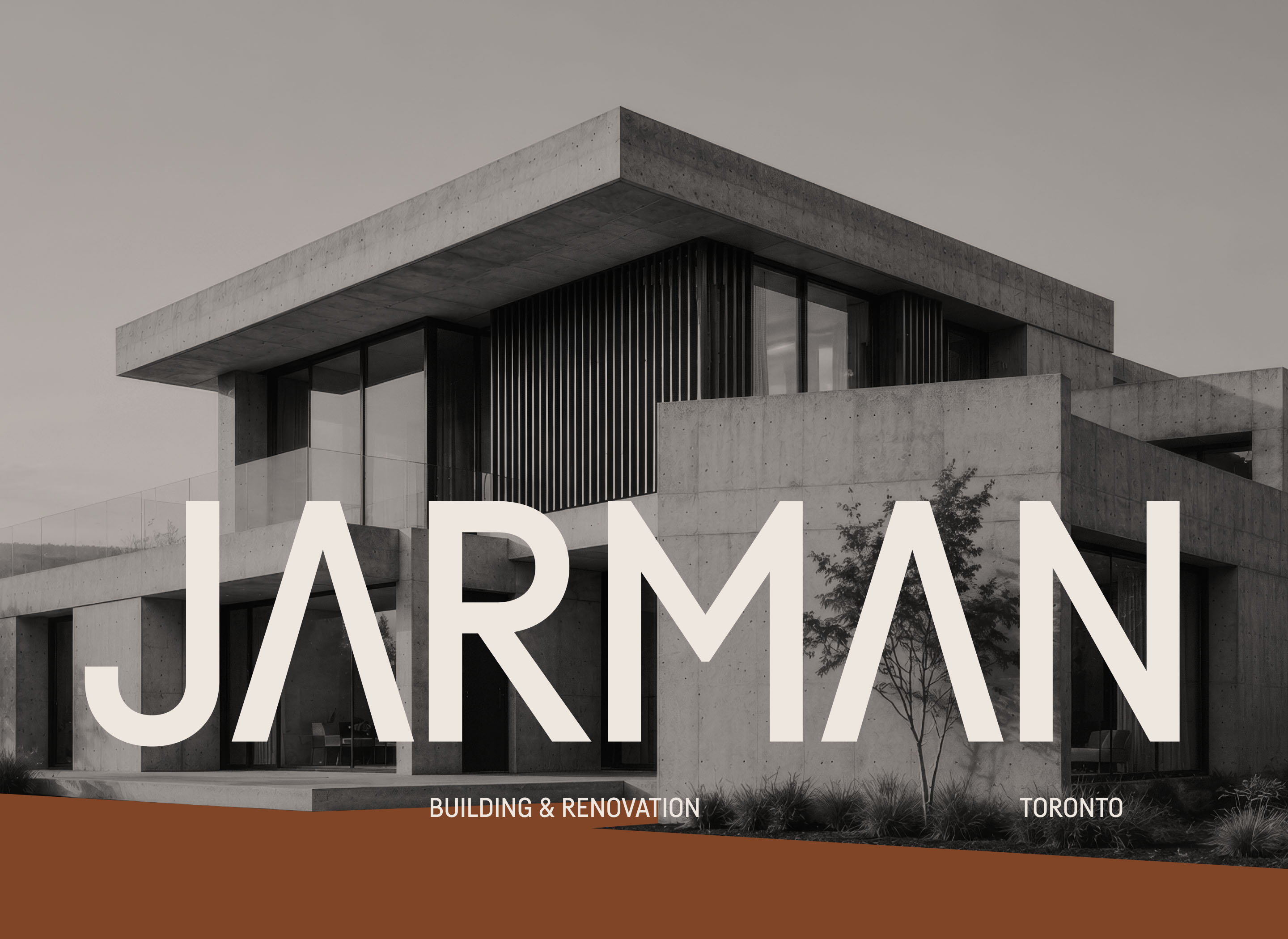 Jarman Professional brand identity over a modern residential building, featuring the custom wordmark and warm brown colour palette.