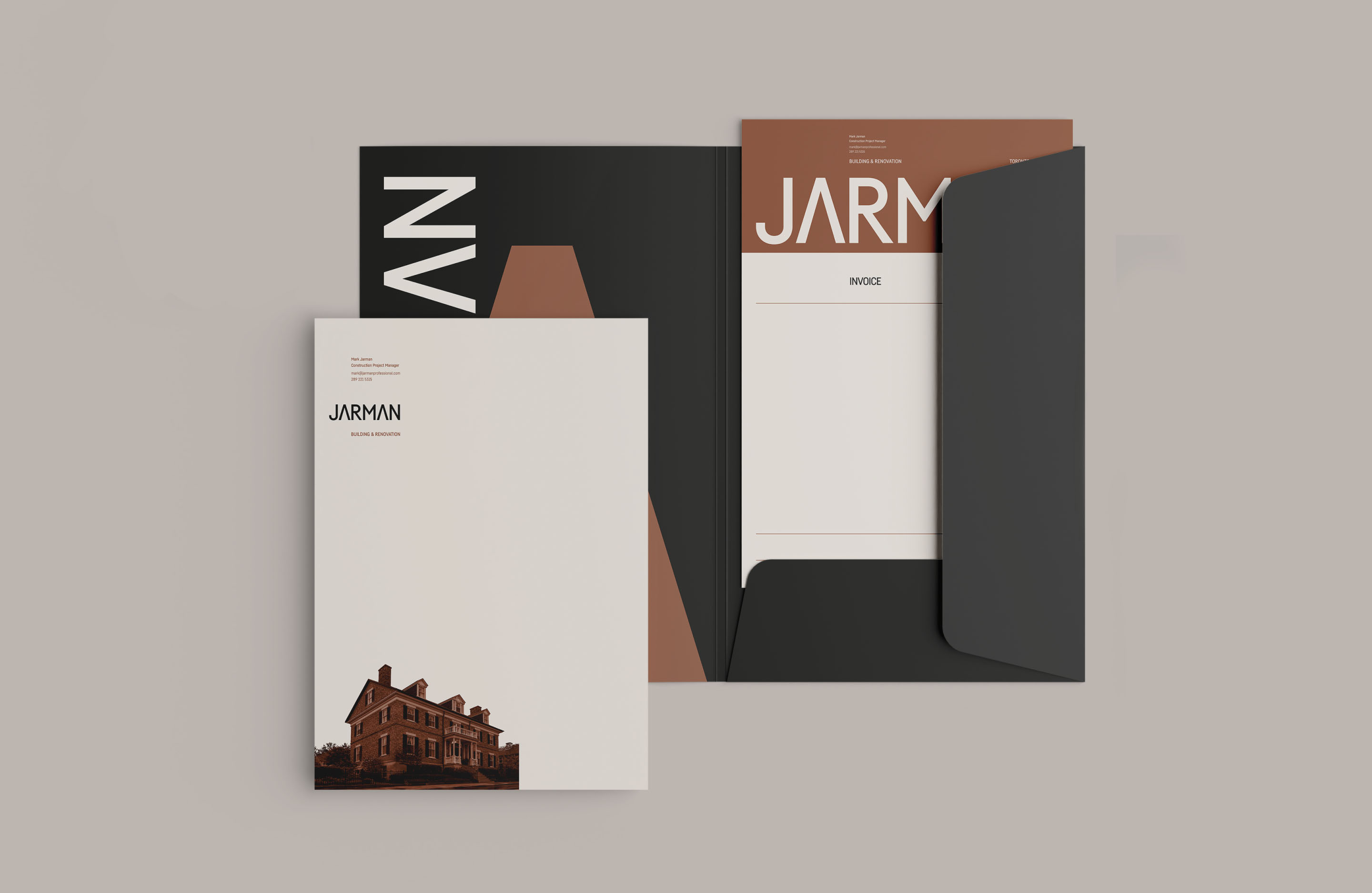 Jarman stationery system featuring letterhead, folders and printed materials in black, cream and brown.