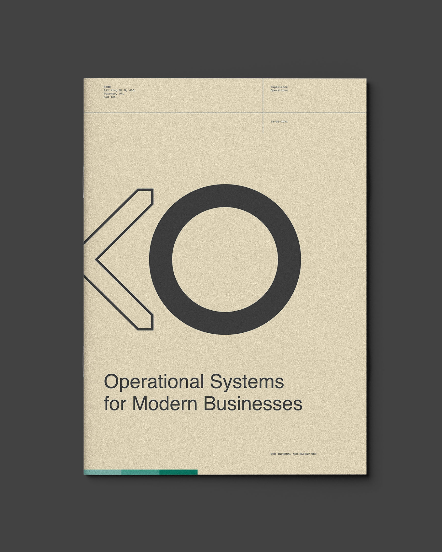 K2XO publication titled “Operational Systems for Modern Businesses,” featuring the agency’s modular identity system.