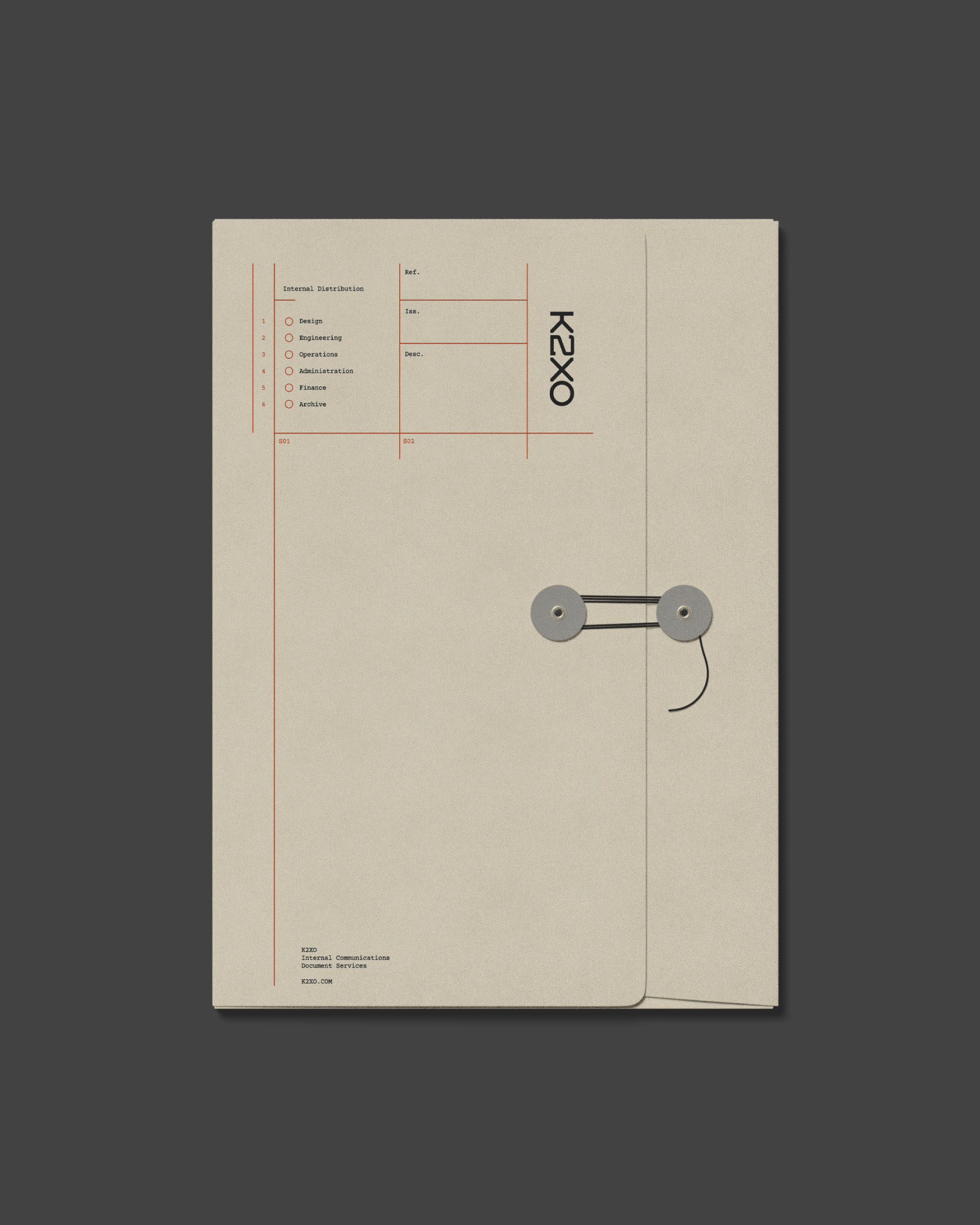 K2XO document folder featuring technical typography, grid lines and industrial fastener details.