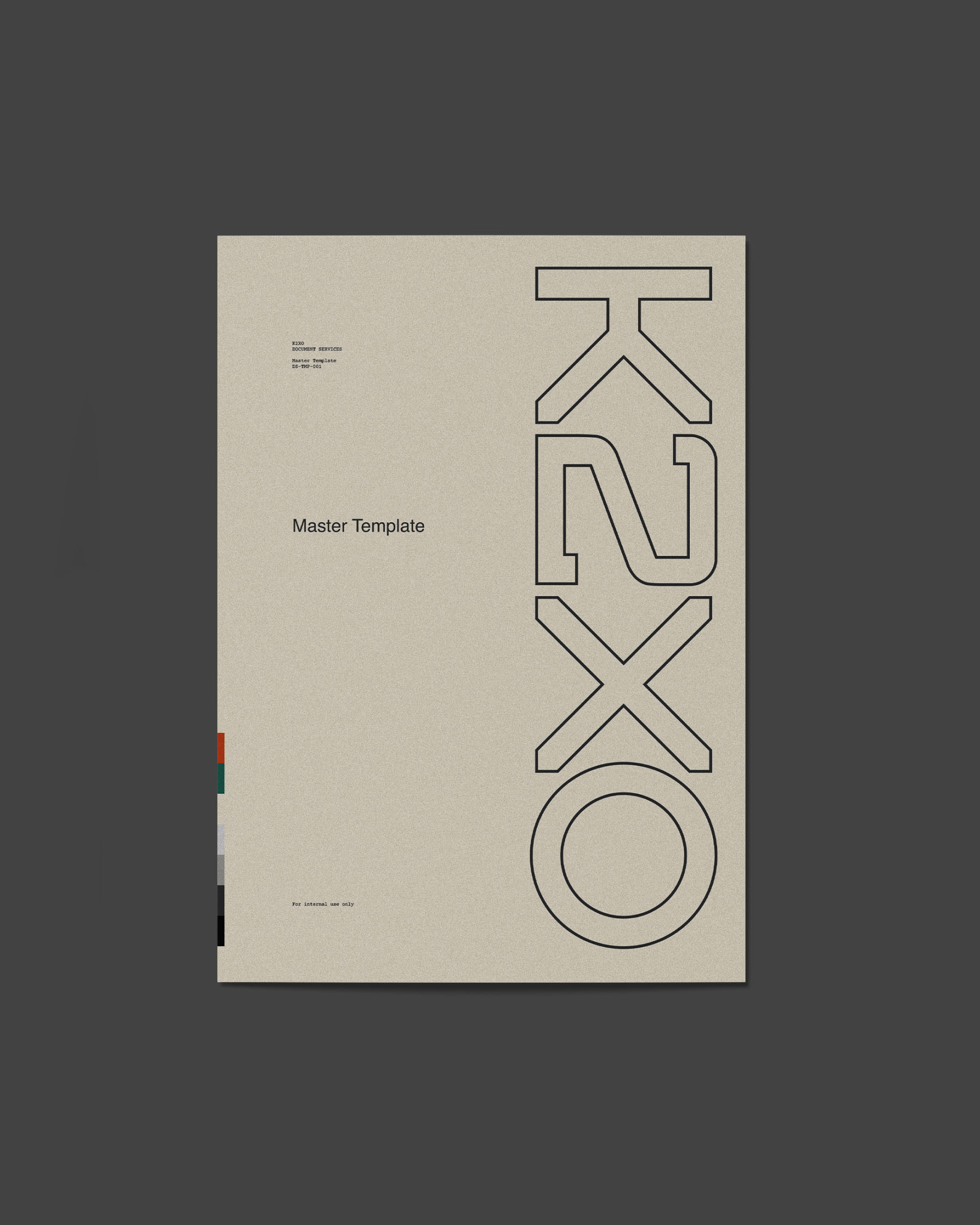 K2XO master template featuring the oversized outlined wordmark and restrained editorial layout.