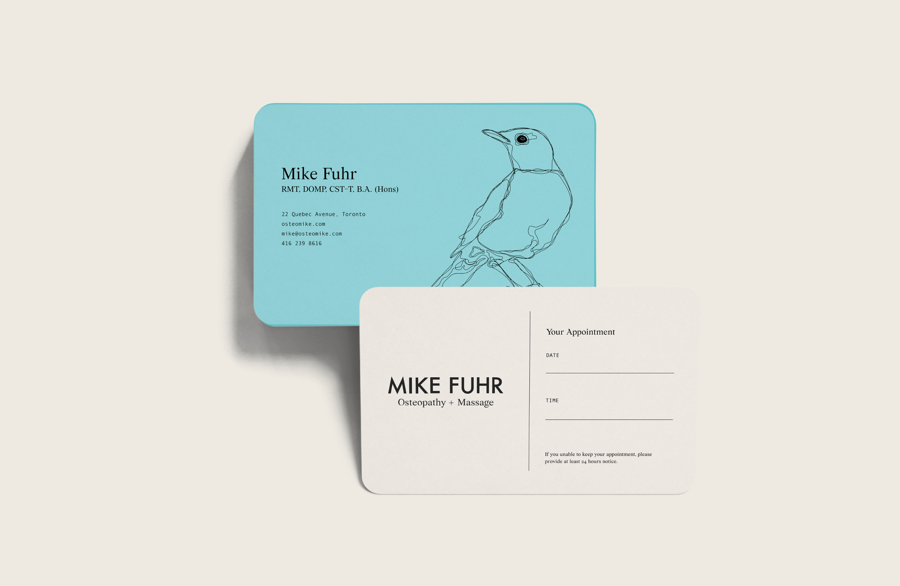 Mike Fuhr appointment cards featuring the robin illustration and turquoise brand colour.
