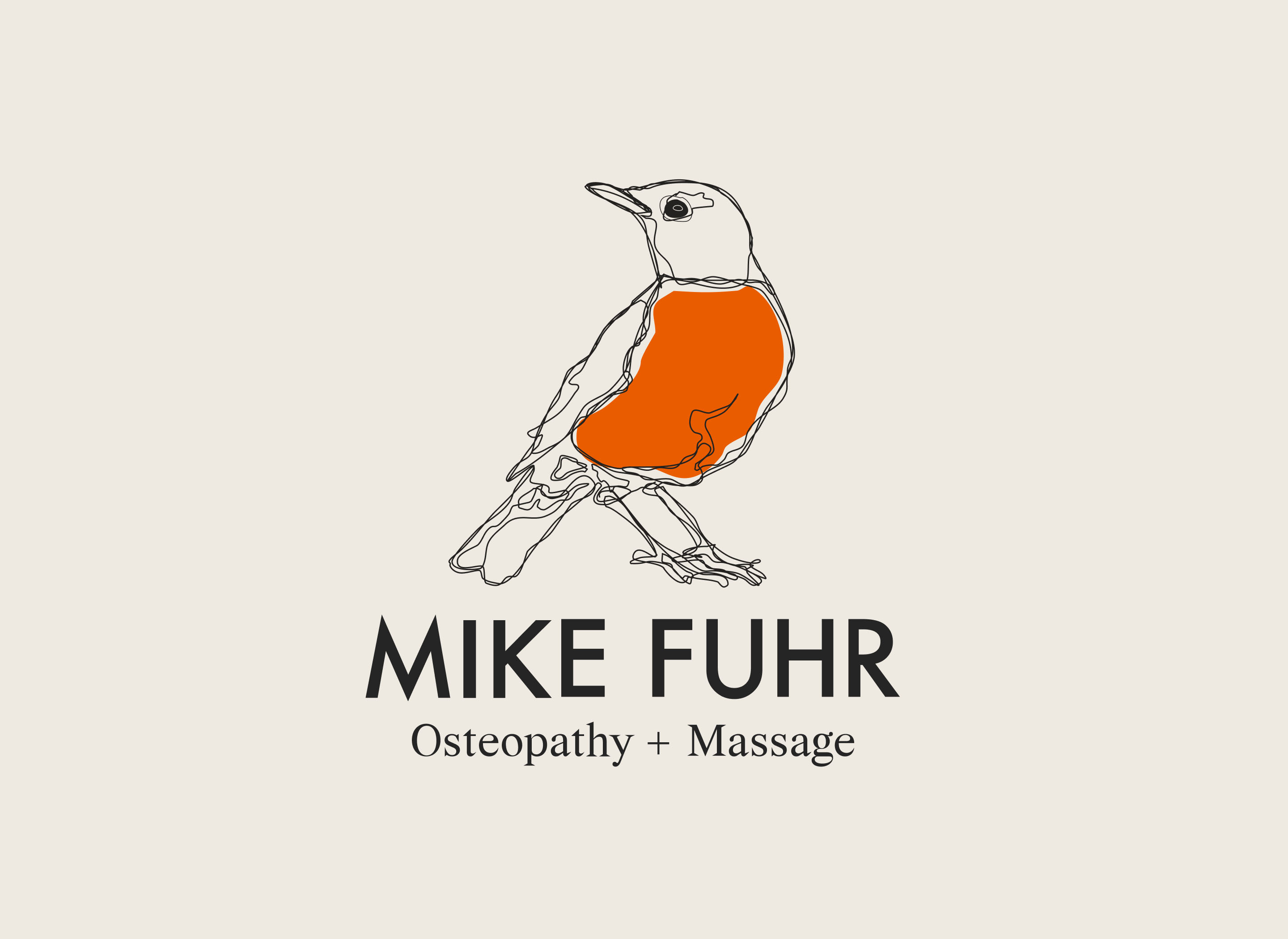 Mike Fuhr Osteopathy + Massage identity featuring a hand-drawn illustration of an American robin with a bright orange breast.
