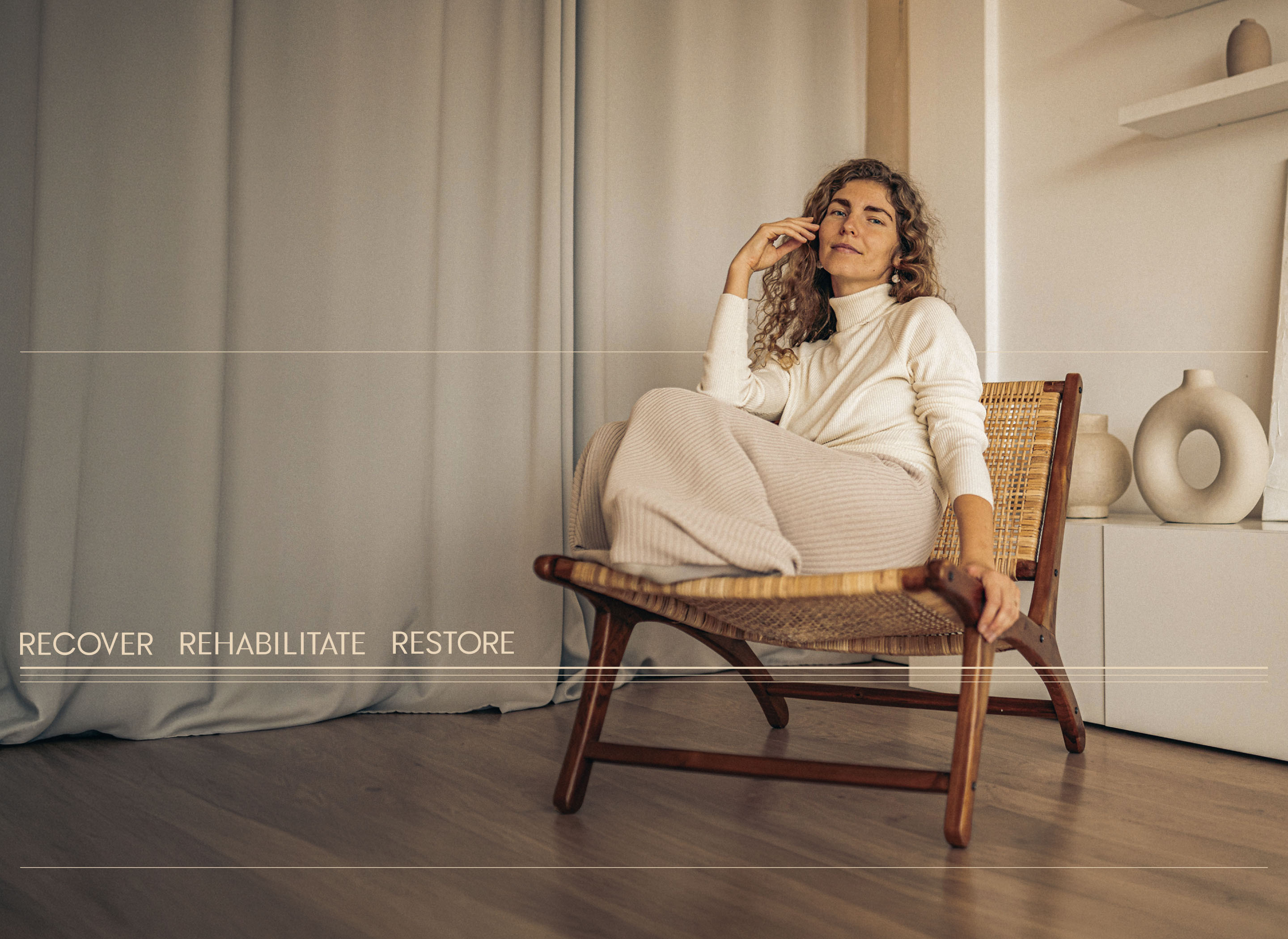 Nightingale Health campaign featuring a woman relaxing at home with the message “Recover. Rehabilitate. Restore.”