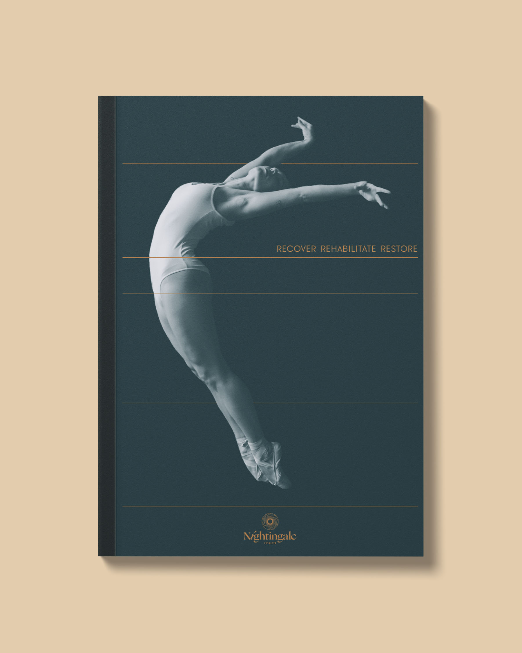 Nightingale Health brochure cover featuring a dancer in motion with fine linear graphics from the identity system.