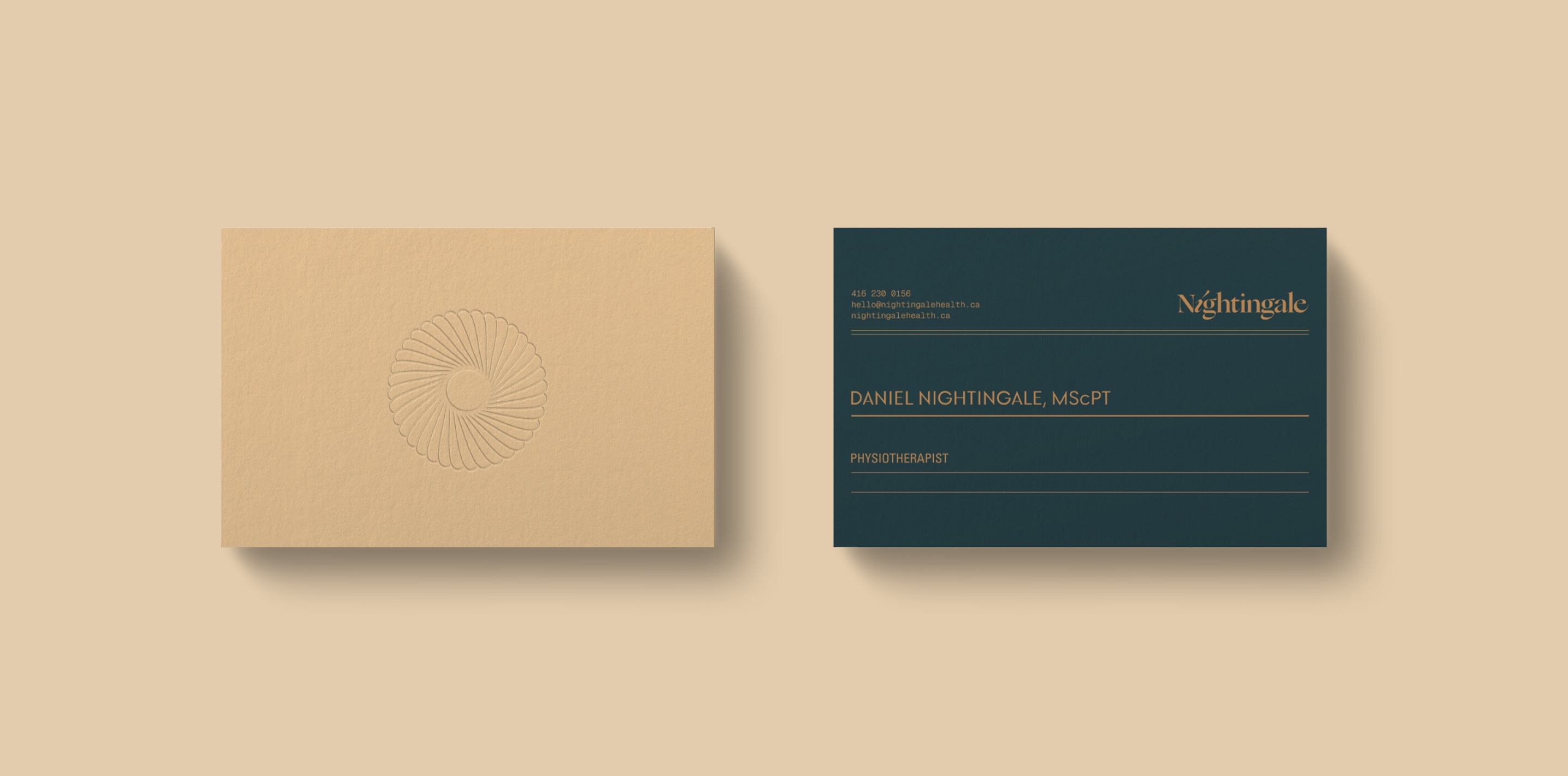 Nightingale Health business cards featuring the circular identity mark and dark teal and cream colour palette.