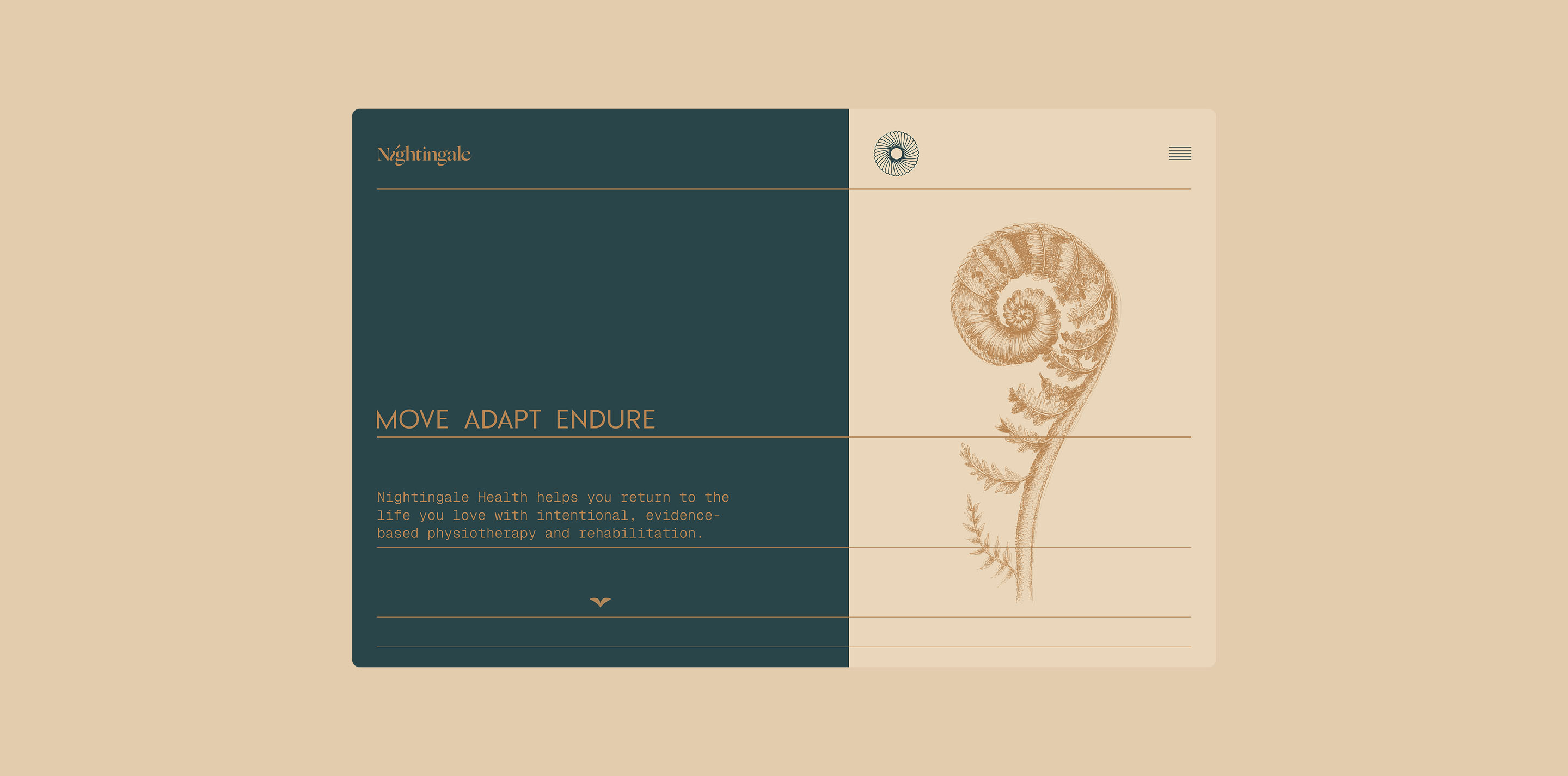Nightingale Health website design featuring rehabilitation messaging and circular botanical illustration.