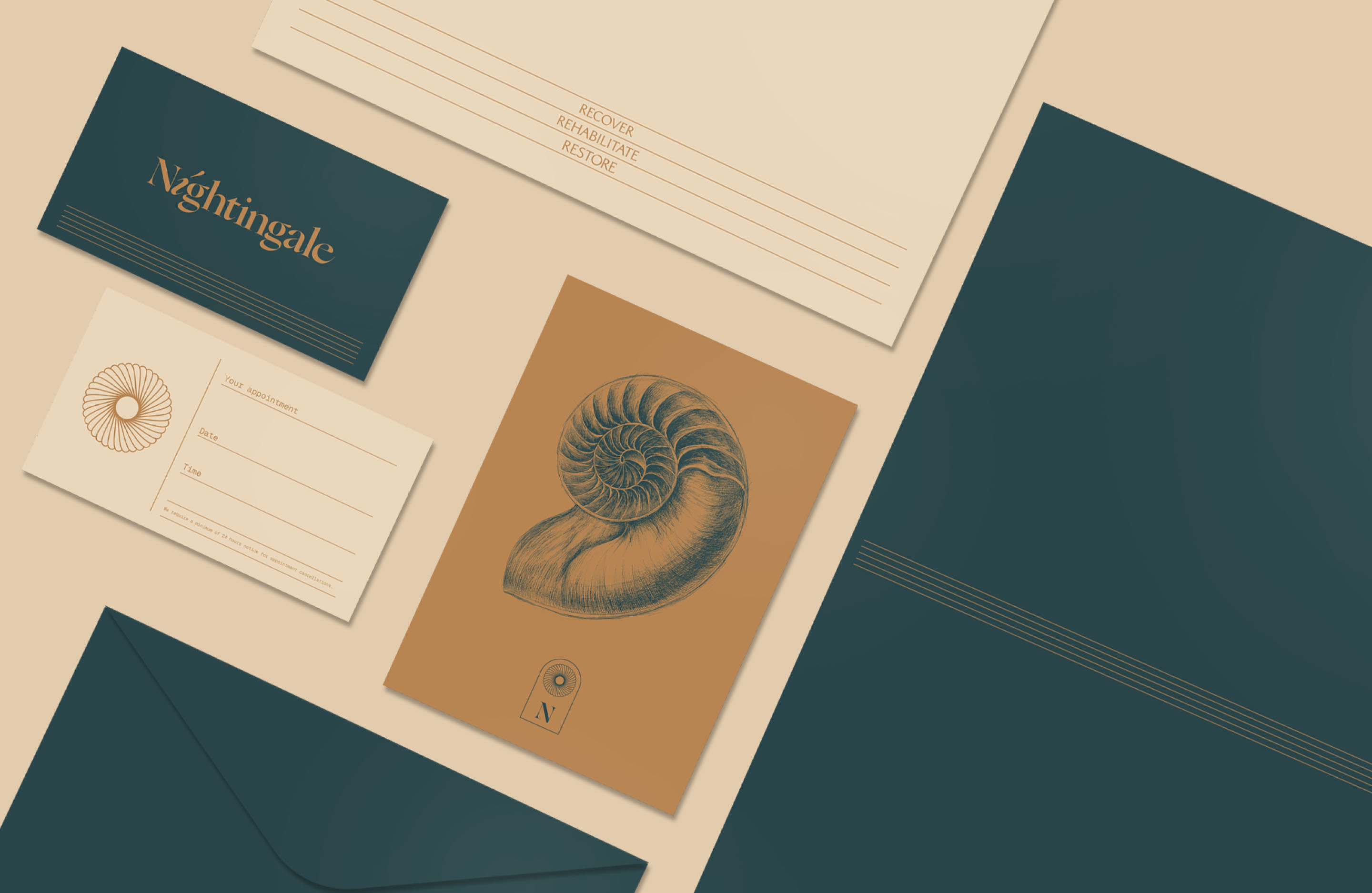 Nightingale Health stationery system featuring branded cards, forms, envelopes and anatomical illustration.