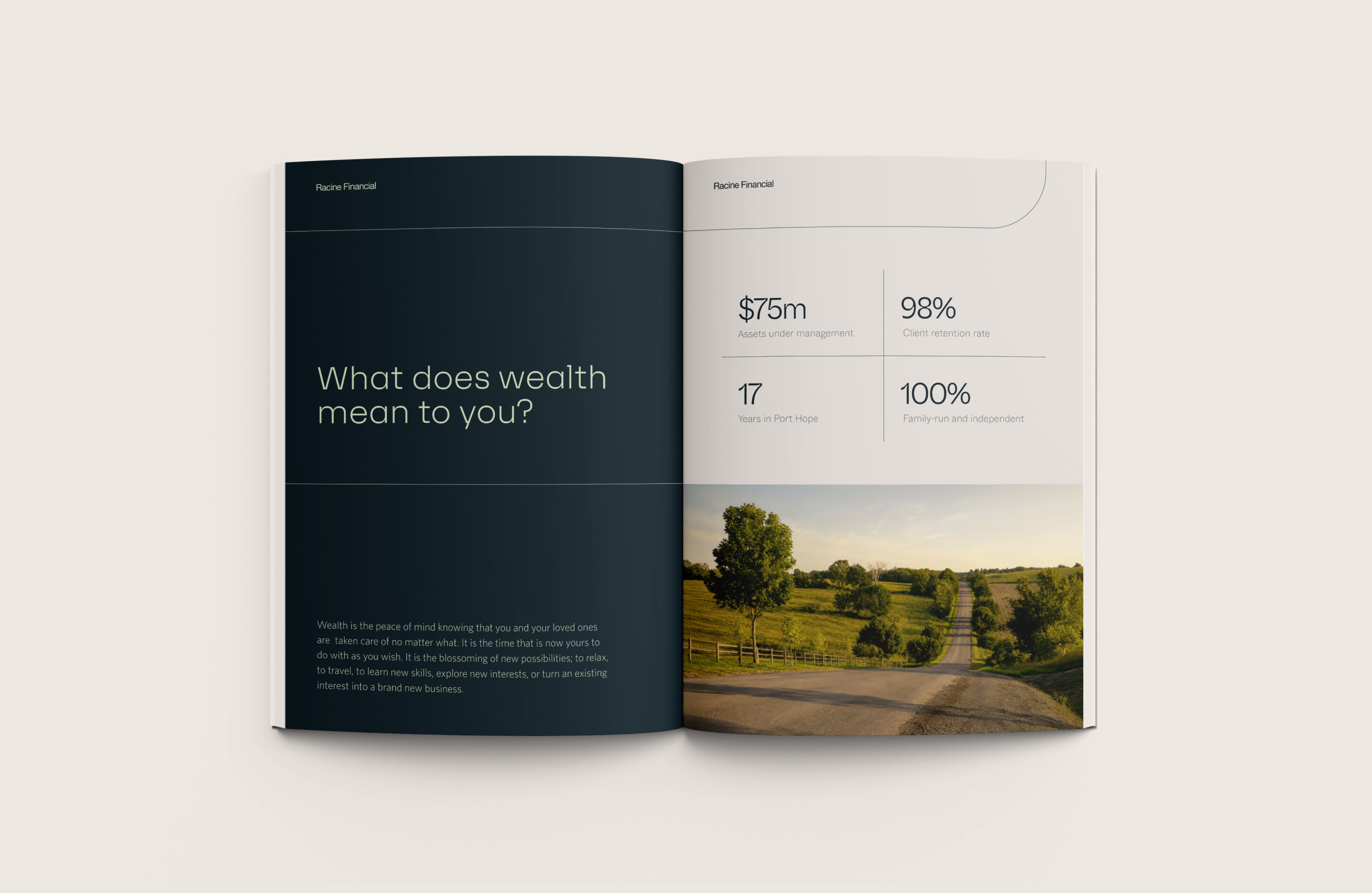 Open Racine Financial publication combining wealth management information with rural landscape photography.
