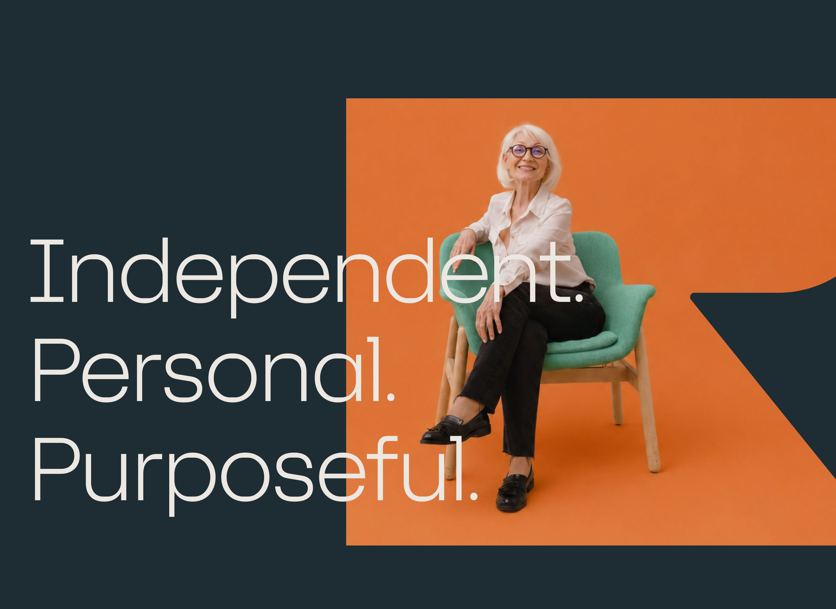 Racine Financial brand campaign featuring a seated woman and the message “Independent. Personal. Purposeful.”