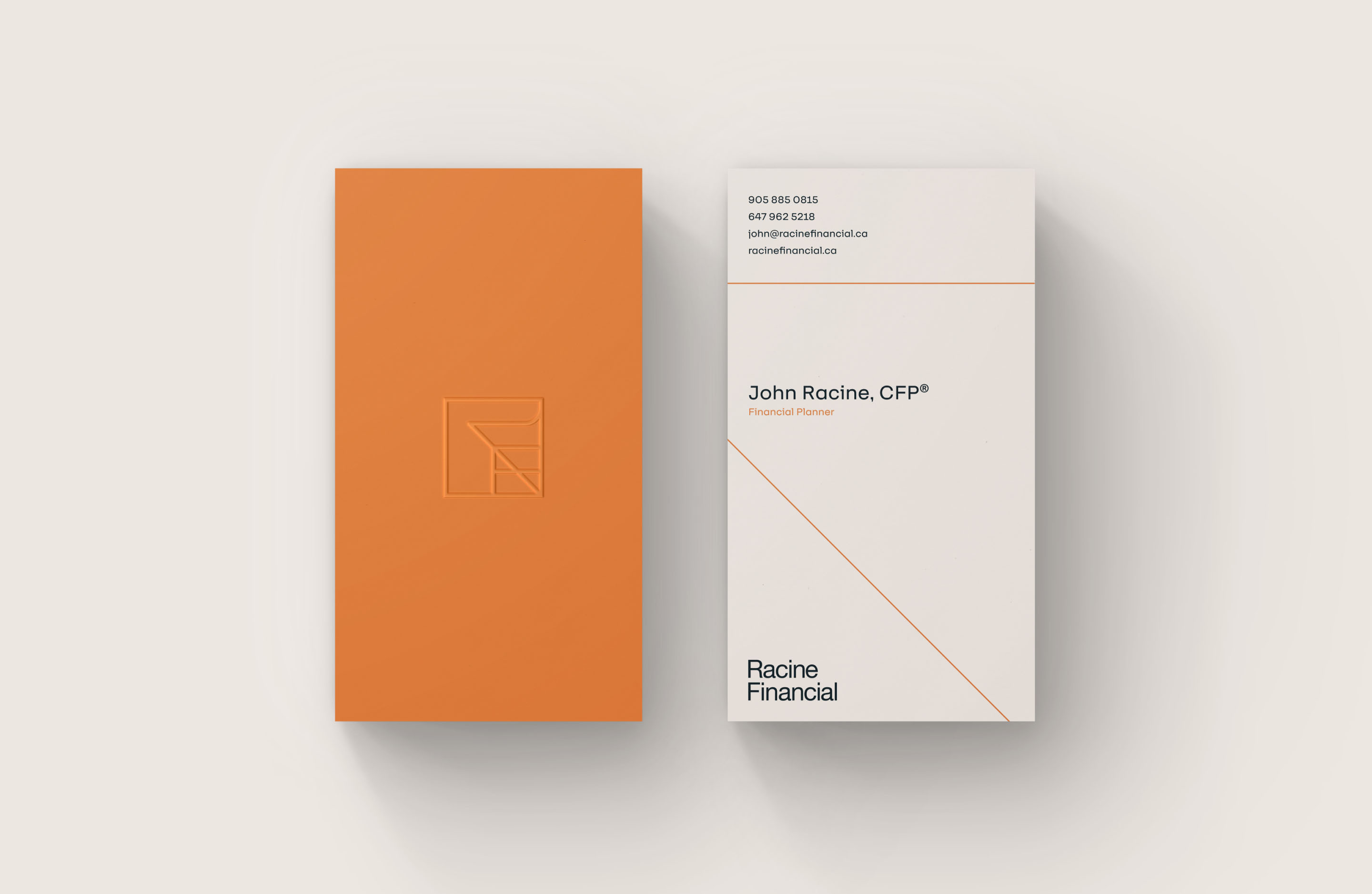 Racine Financial stationery featuring a Racine Financial branded business card.