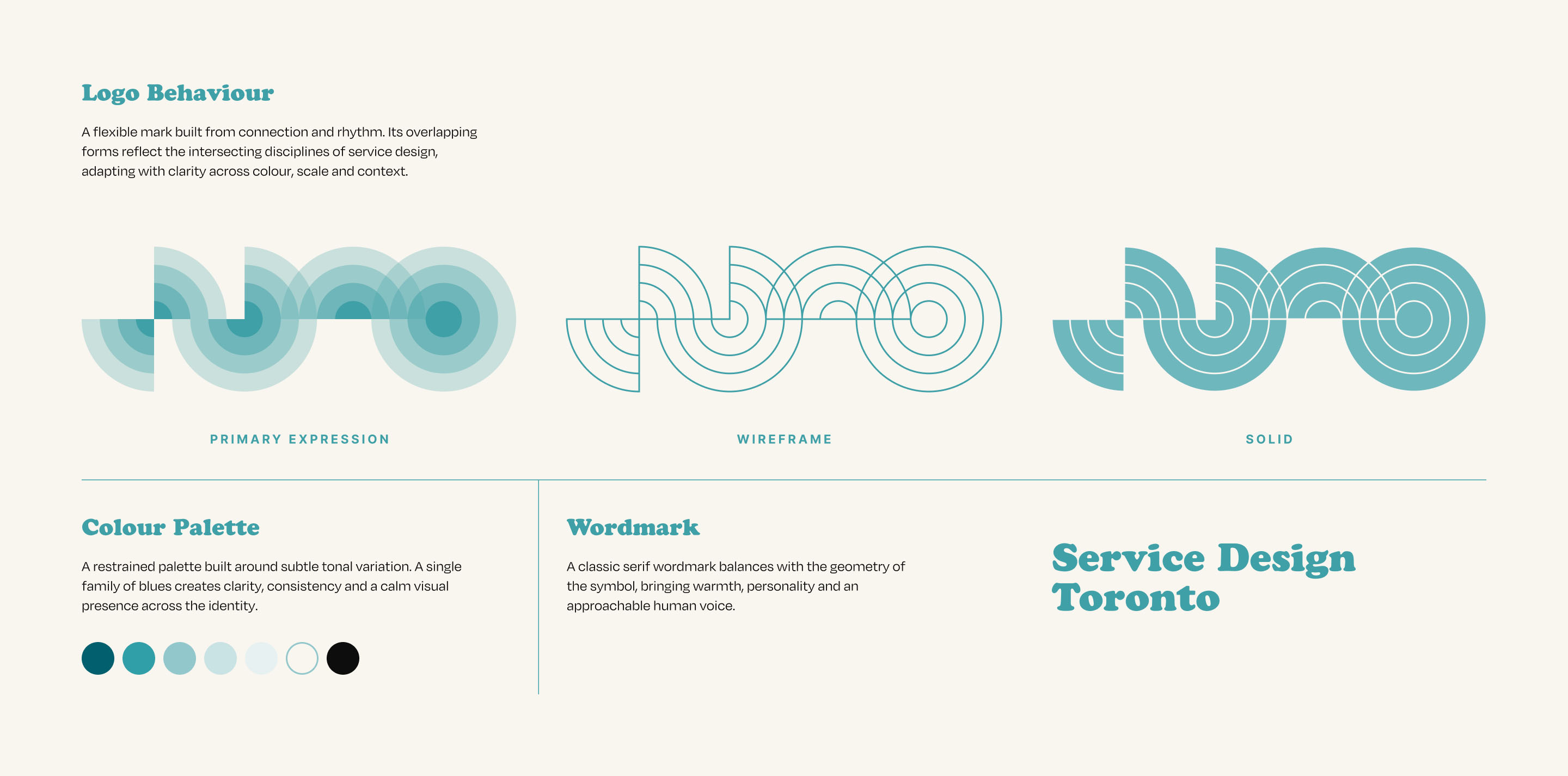 Service Design Toronto identity system showing logo variations, colour palette and custom wordmark.
