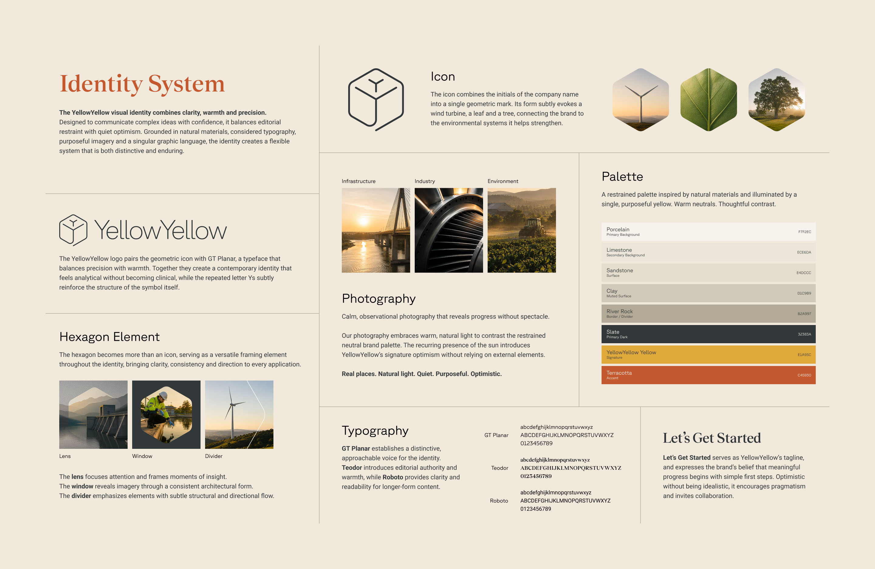 YellowYellow identity system showing logo, colour palette, photography, typography and hexagonal graphic elements.