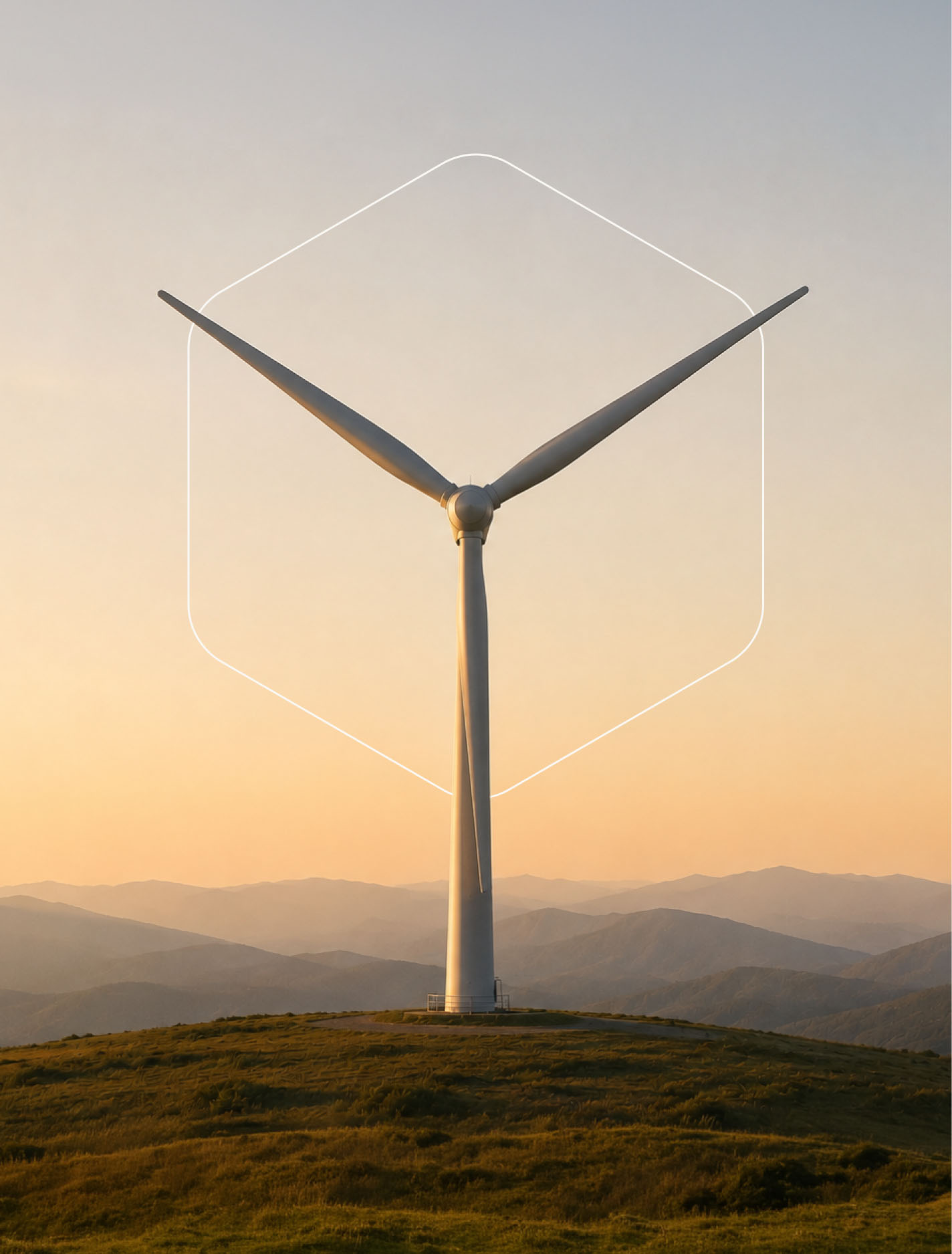 Wind turbine in a mountain landscape incorporating YellowYellow’s geometric identity graphic.