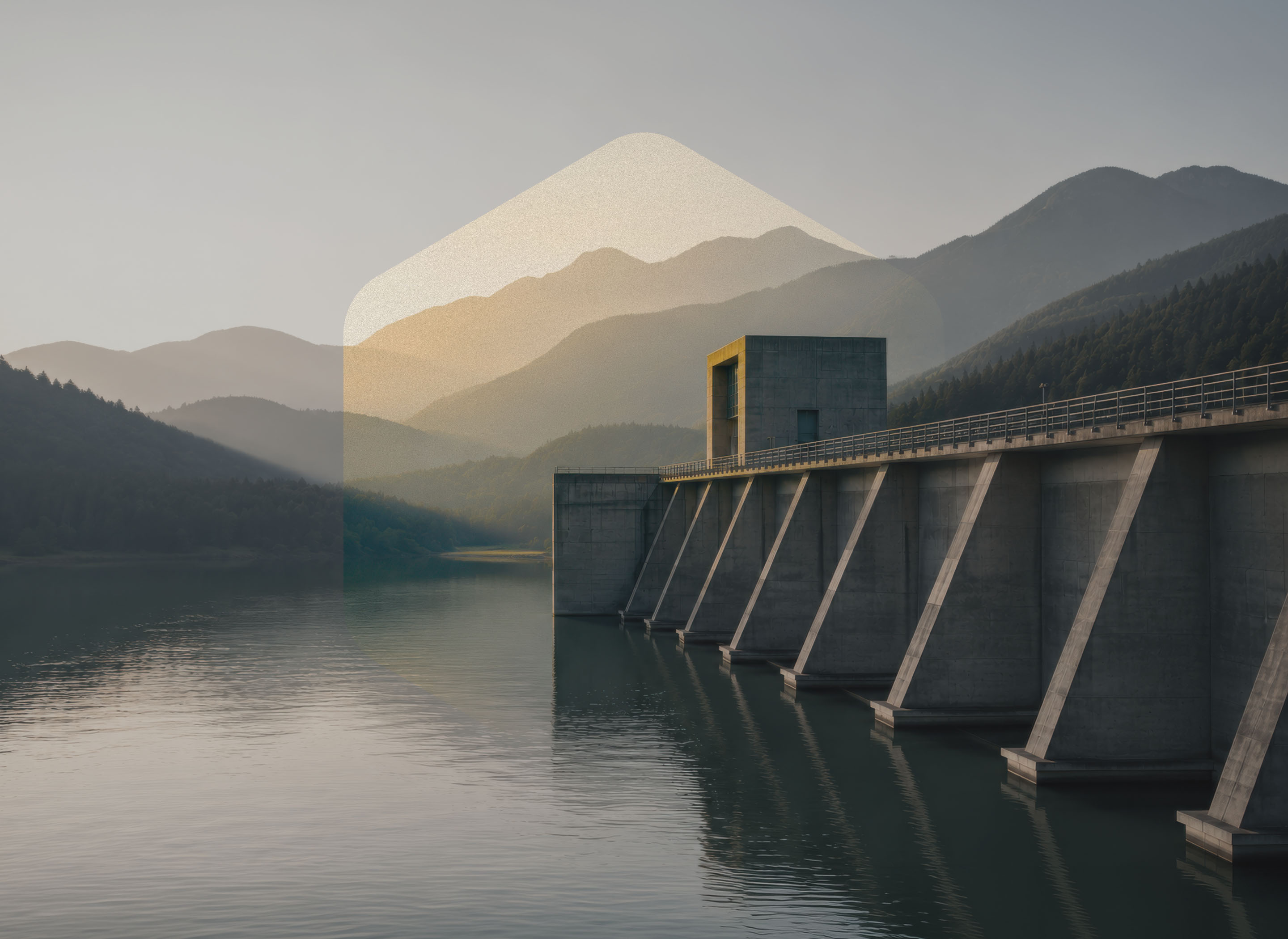 Hydroelectric dam in a mountain landscape featuring YellowYellow’s translucent hexagonal brand graphic.