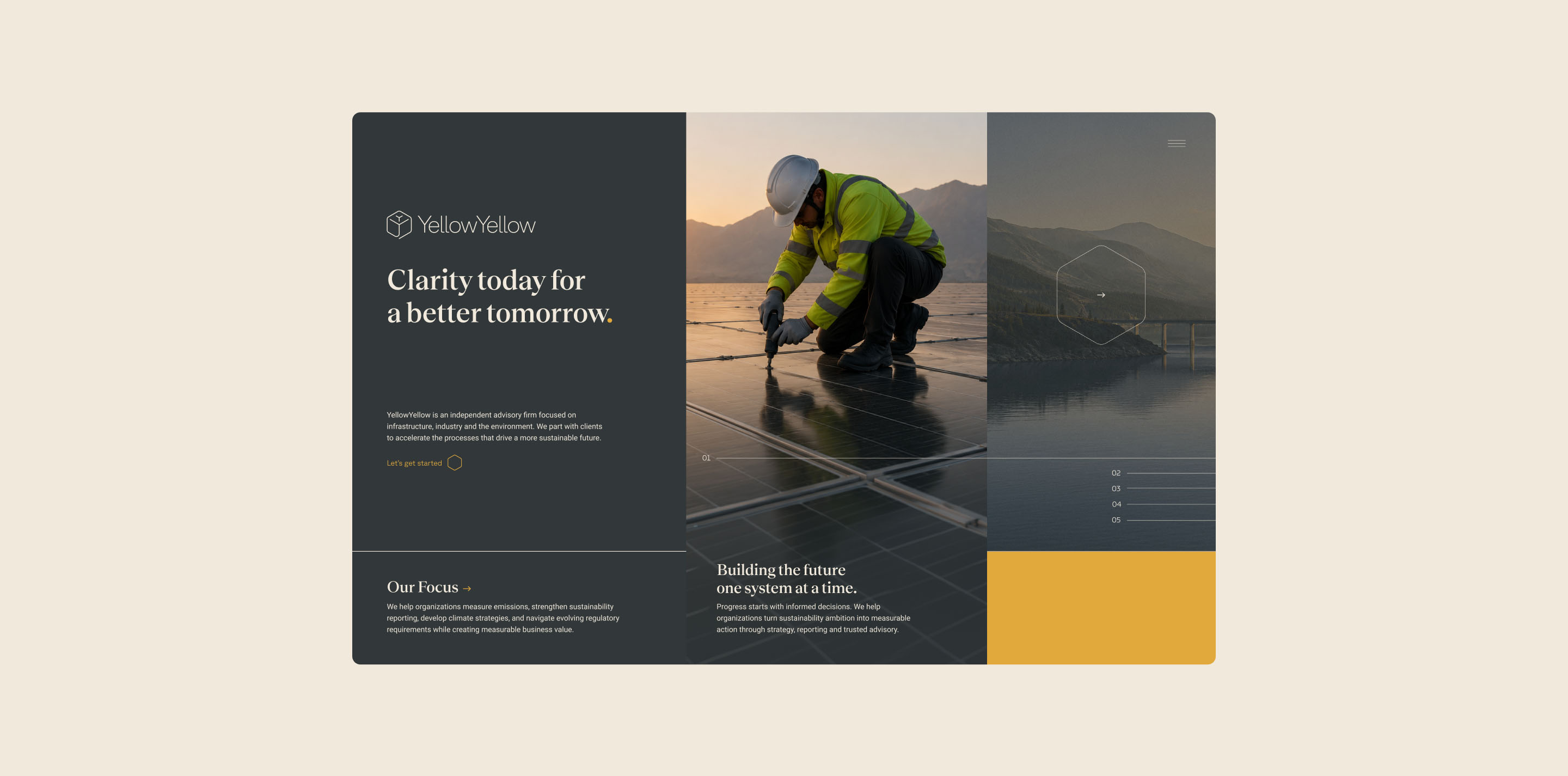 YellowYellow website design featuring sustainability consulting services and environmental photography.