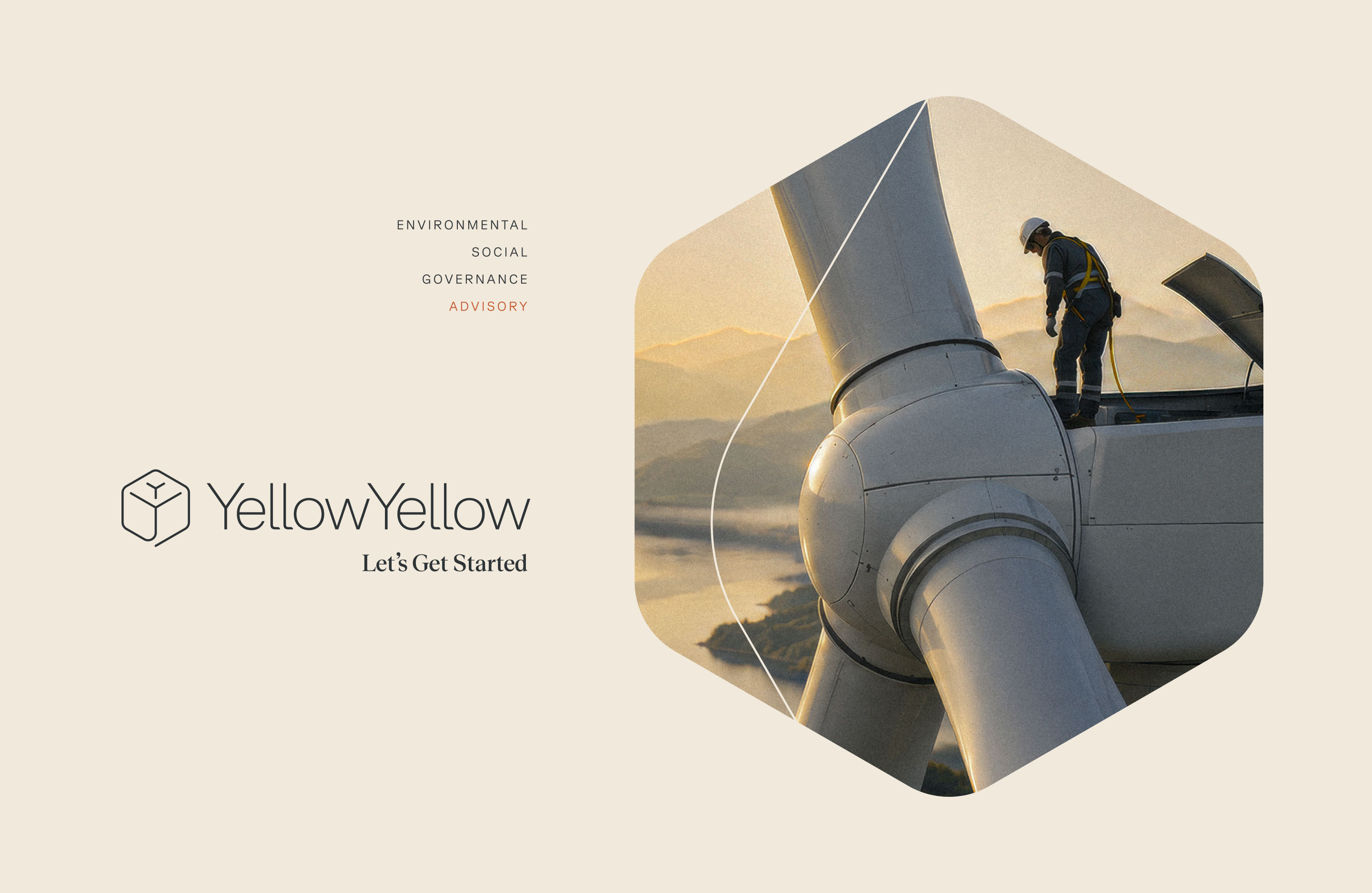 YellowYellow brand presentation featuring wind-energy photography within the hexagonal identity system.